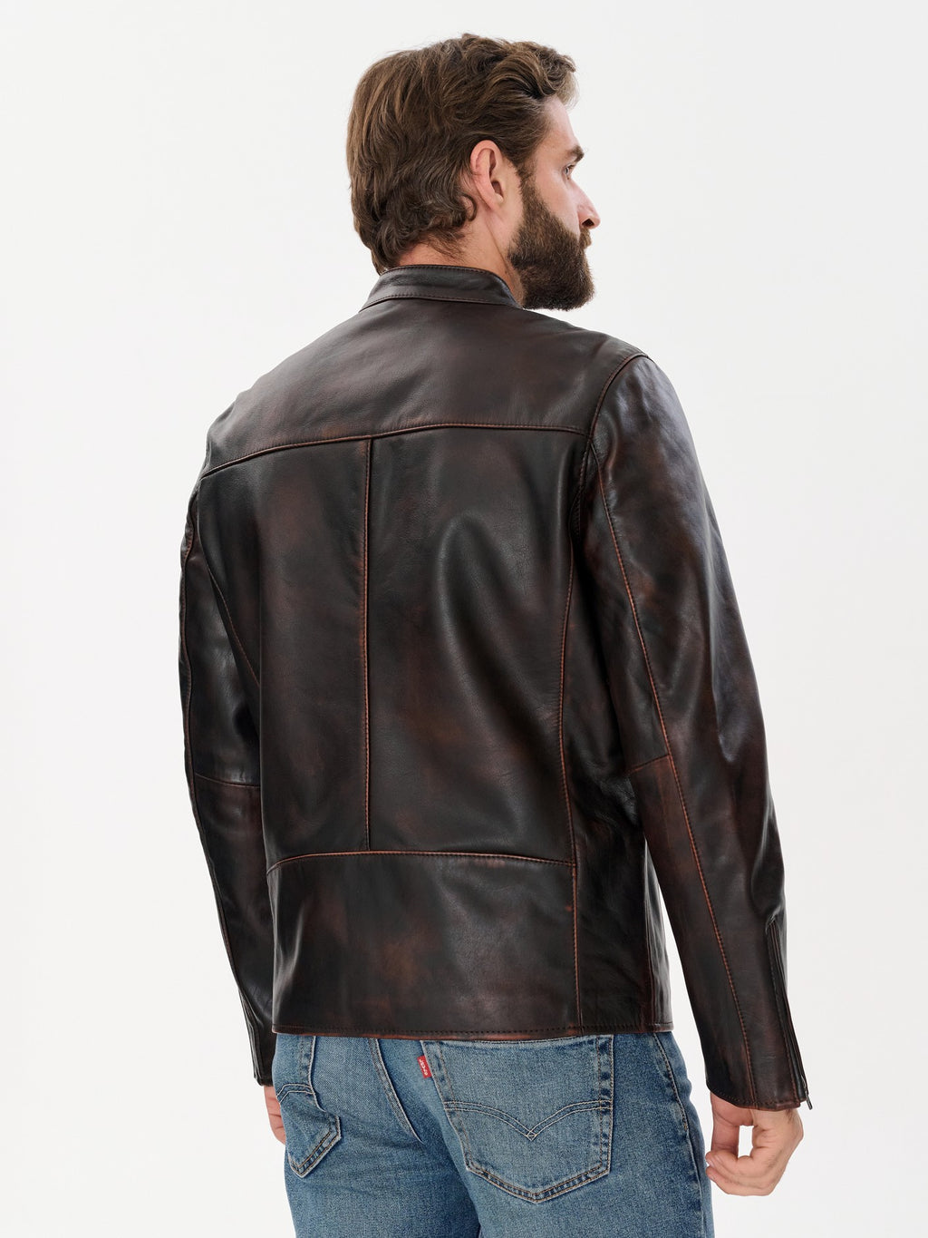 Men's distressed vintage brown leather jacket side view – DM Legend