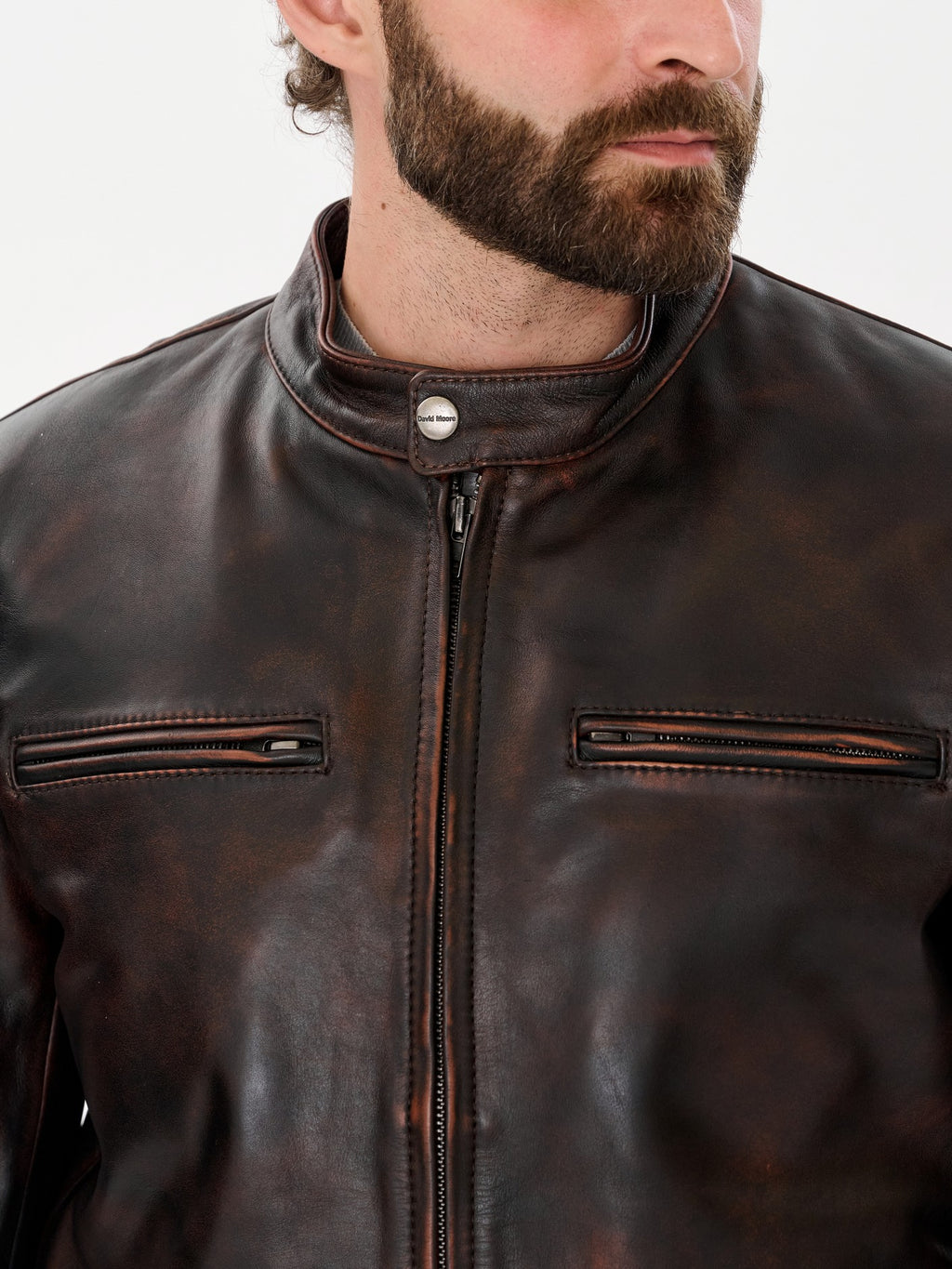 Vintage brown jacket collar and chest zip detail – DM Legend
