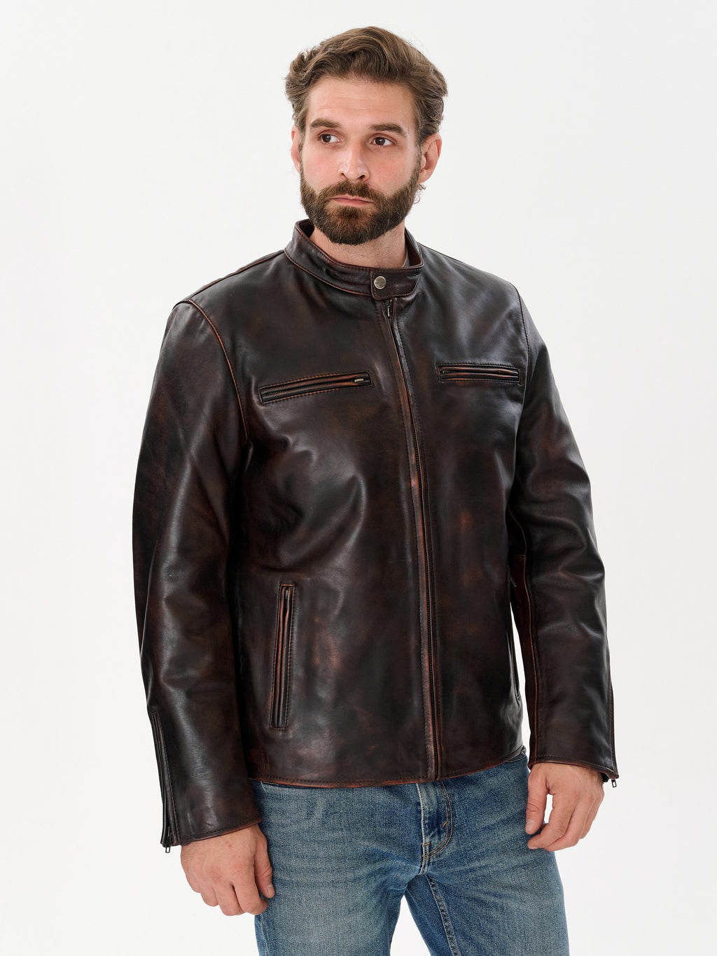 Men's distressed vintage brown leather jacket 3/4 view – DM Legend