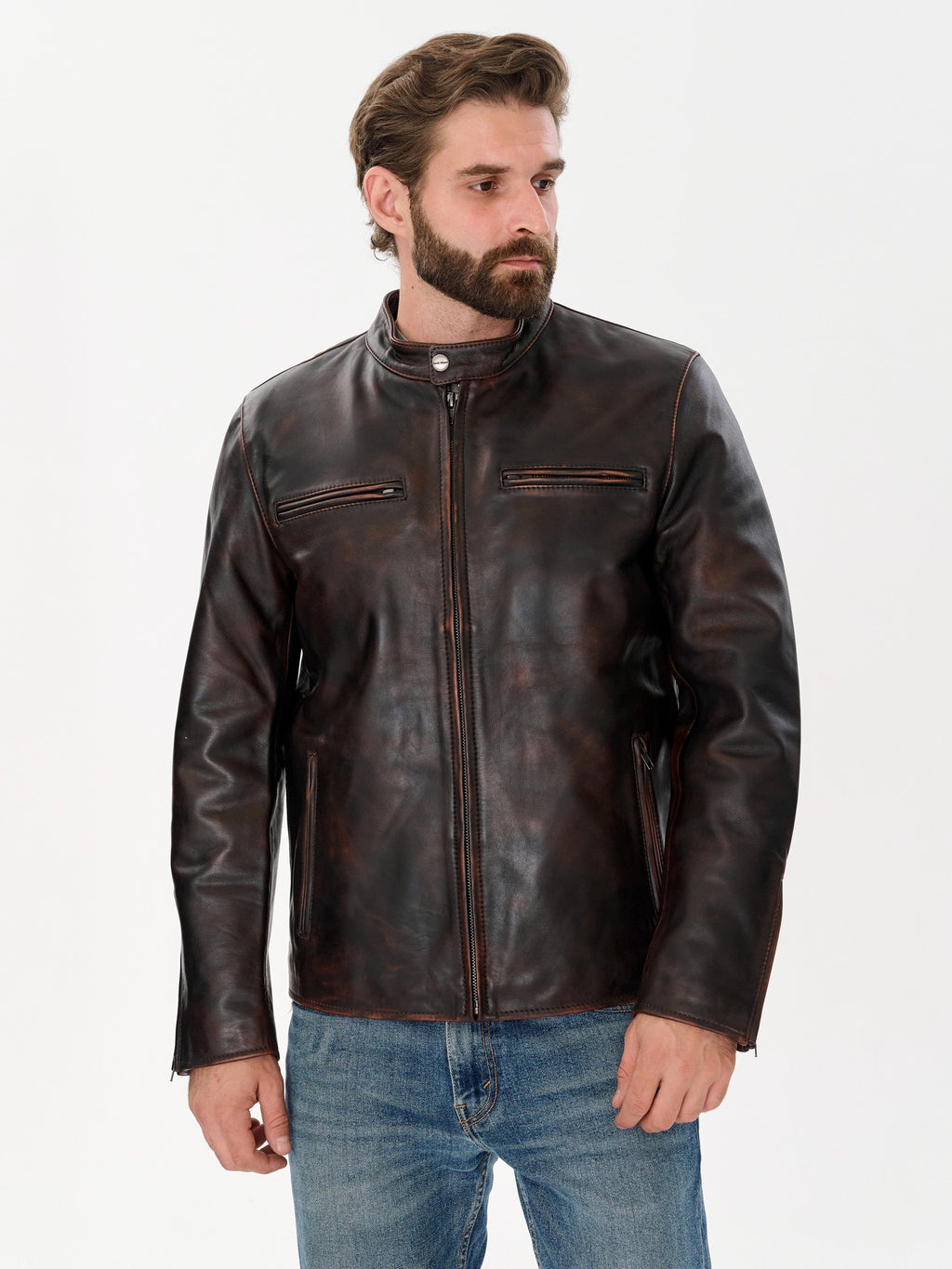 Man wearing DM Legend distressed vintage brown leather jacket