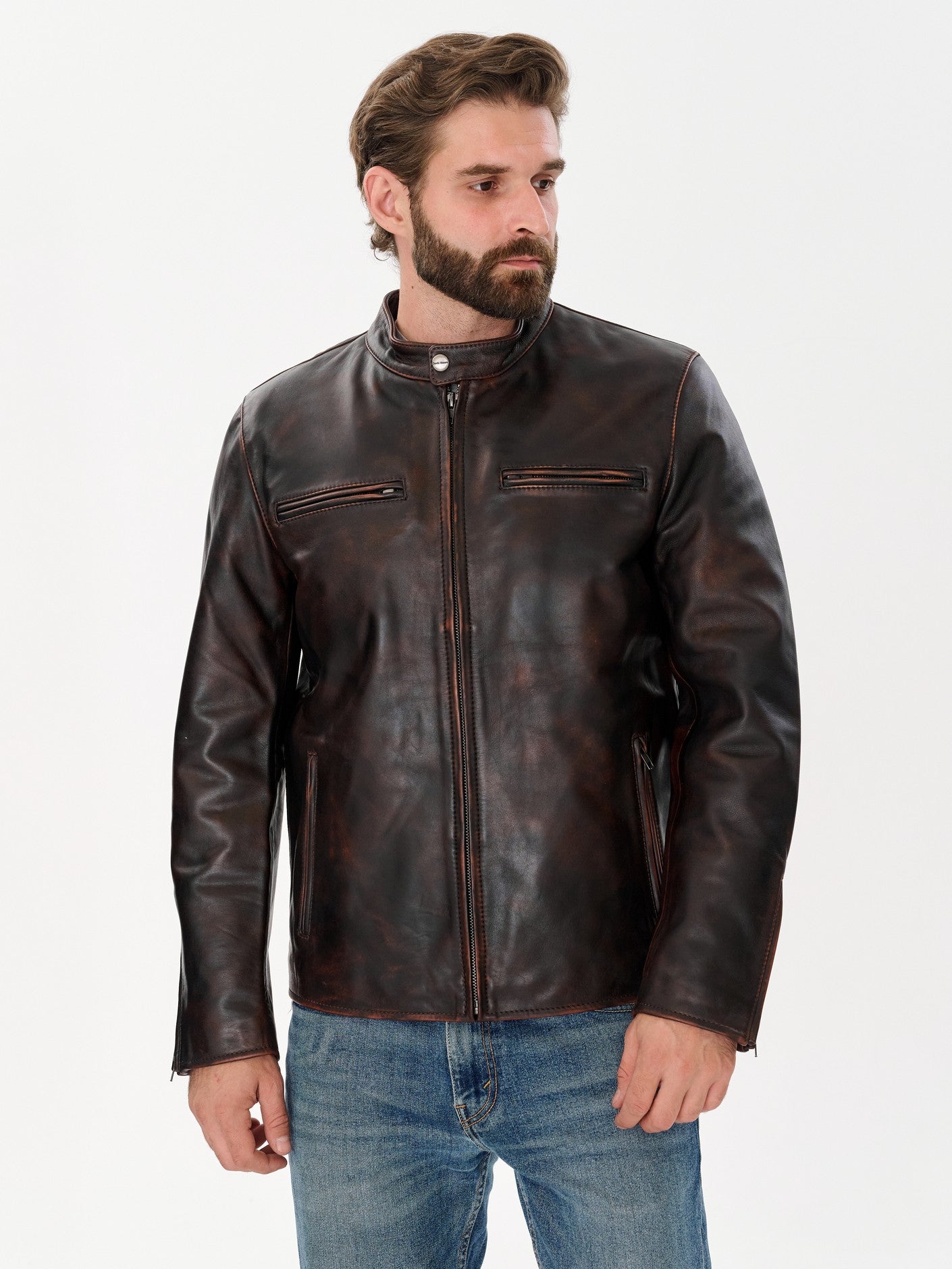 Man wearing DM Legend distressed vintage brown leather jacket