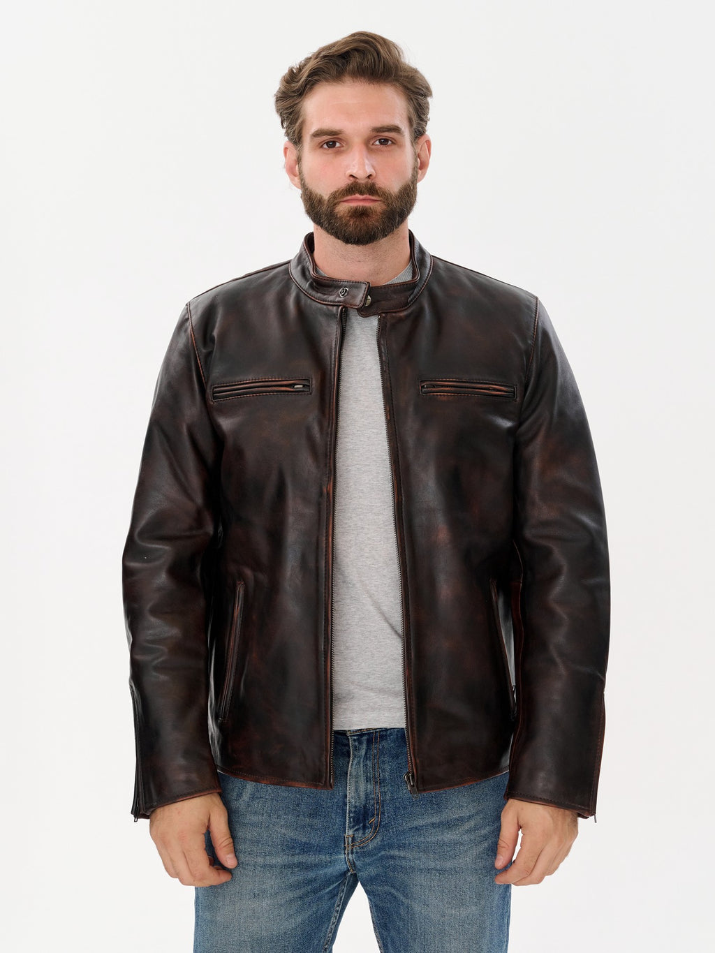 Man wearing DM Legend distressed vintage brown leather jacket life style