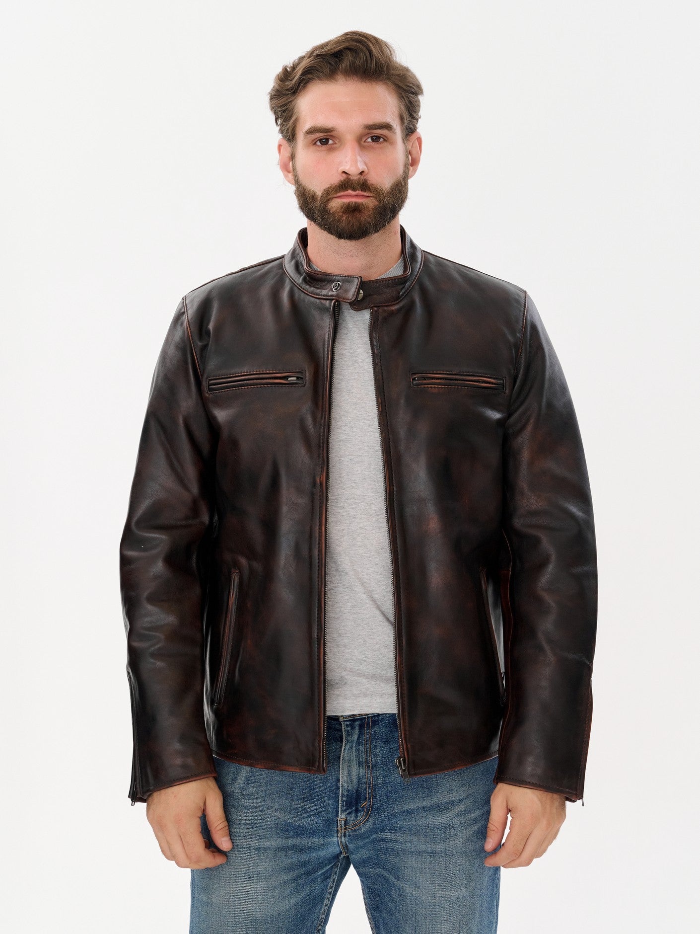 Man wearing DM Legend distressed vintage brown leather jacket life style