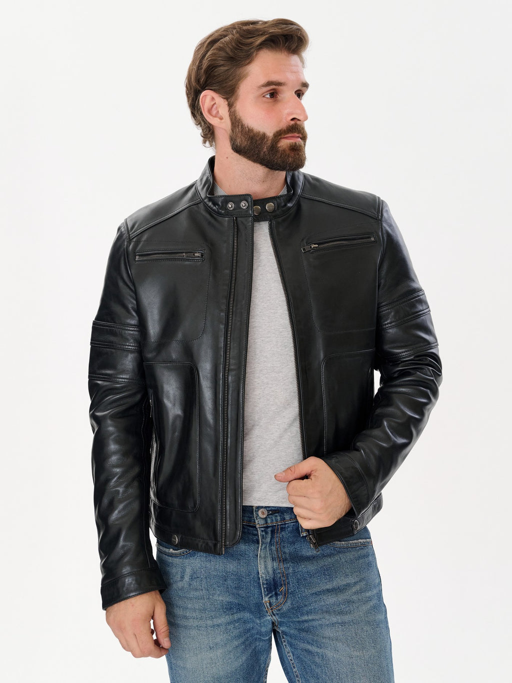 Man wearing DM Legend black cafe racer leather jacket