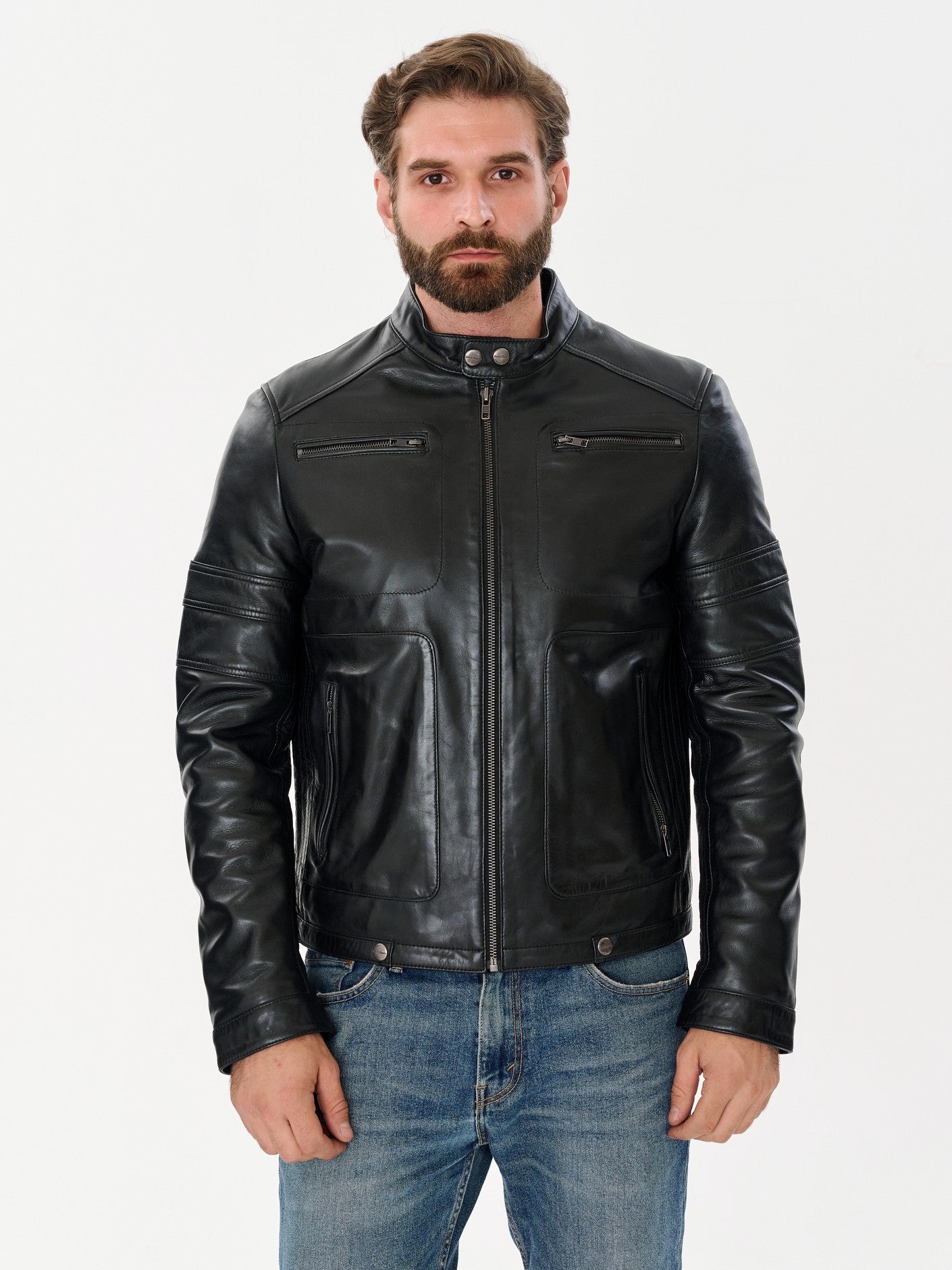 Men's cafe racer black leather jacket front view – DM Legend