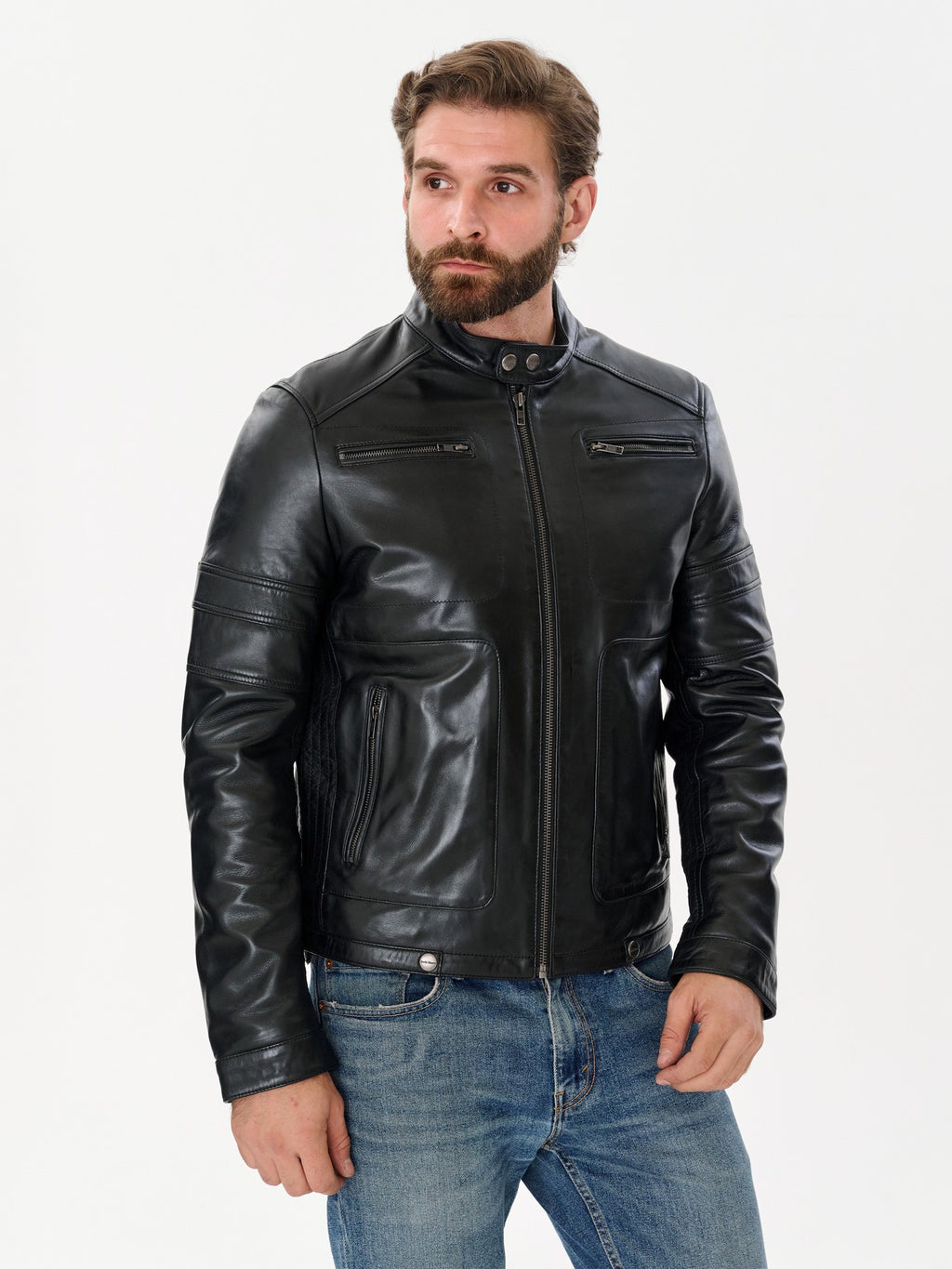 Men's cafe racer black leather jacket 3/4 view – DM Legend