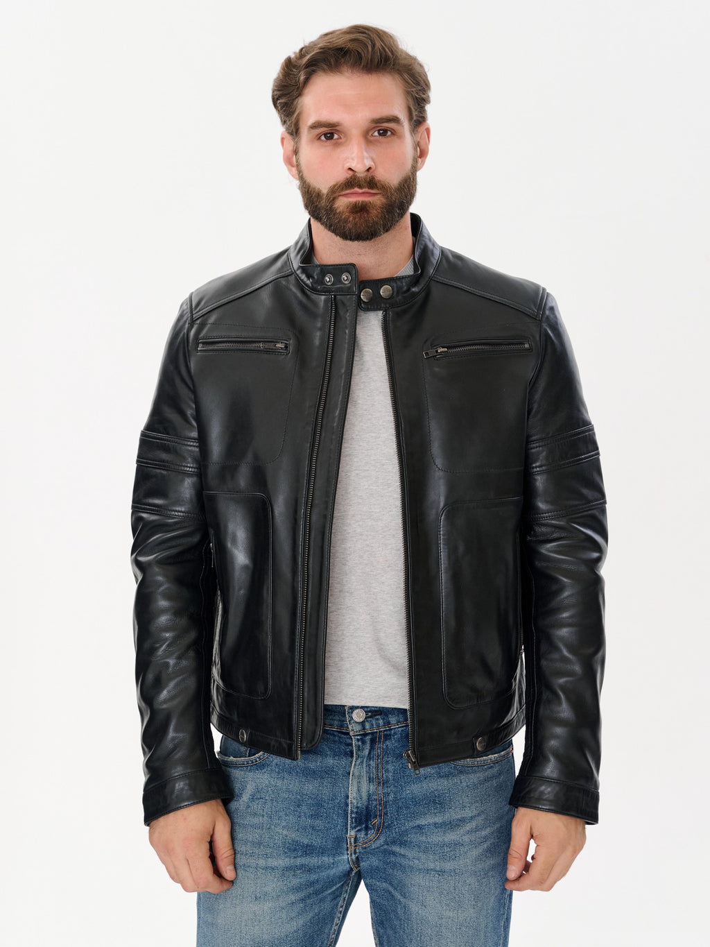 Men's cafe racer black leather jacket front angle – DM Legend