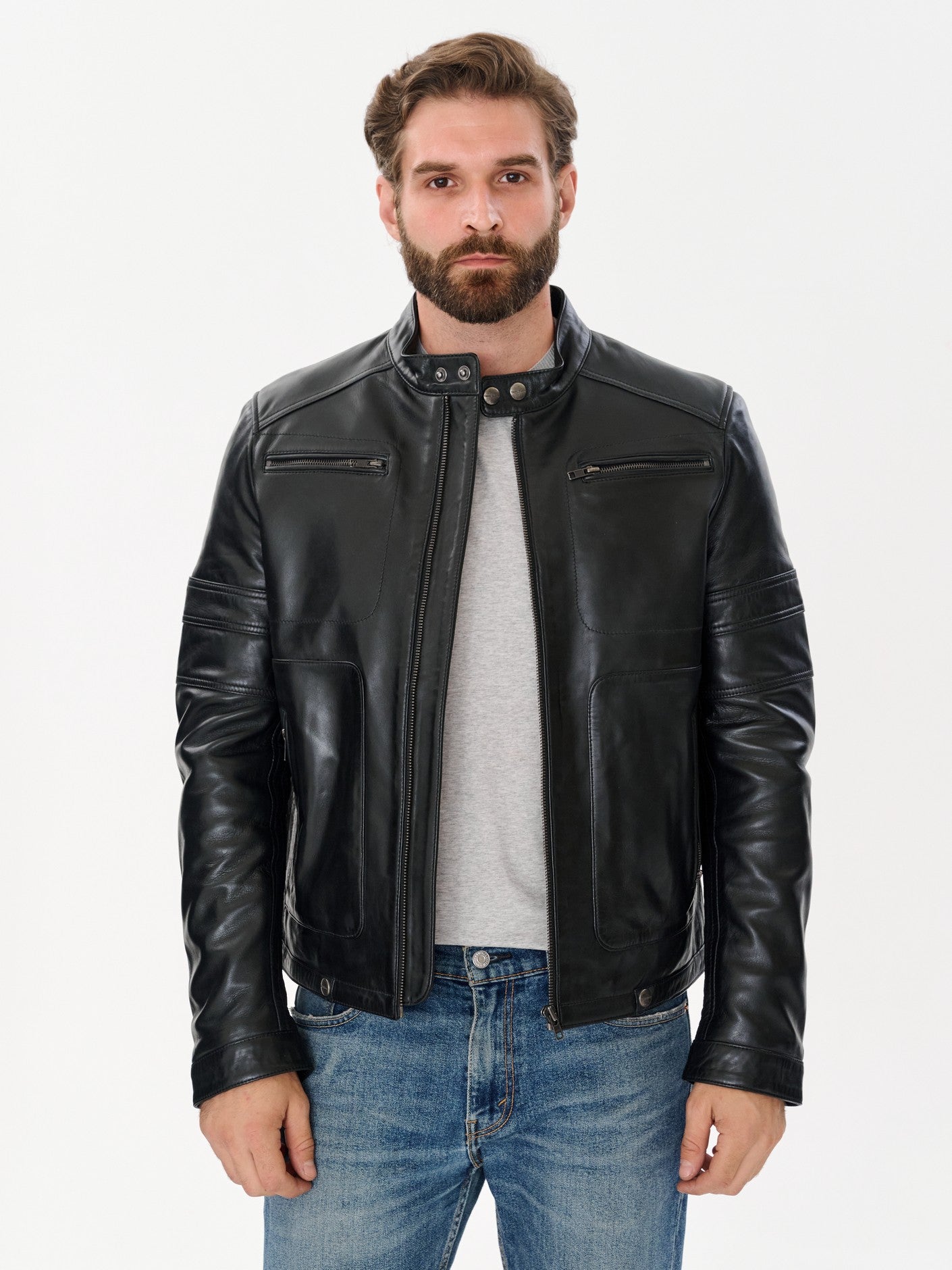 Men's cafe racer black leather jacket front angle – DM Legend