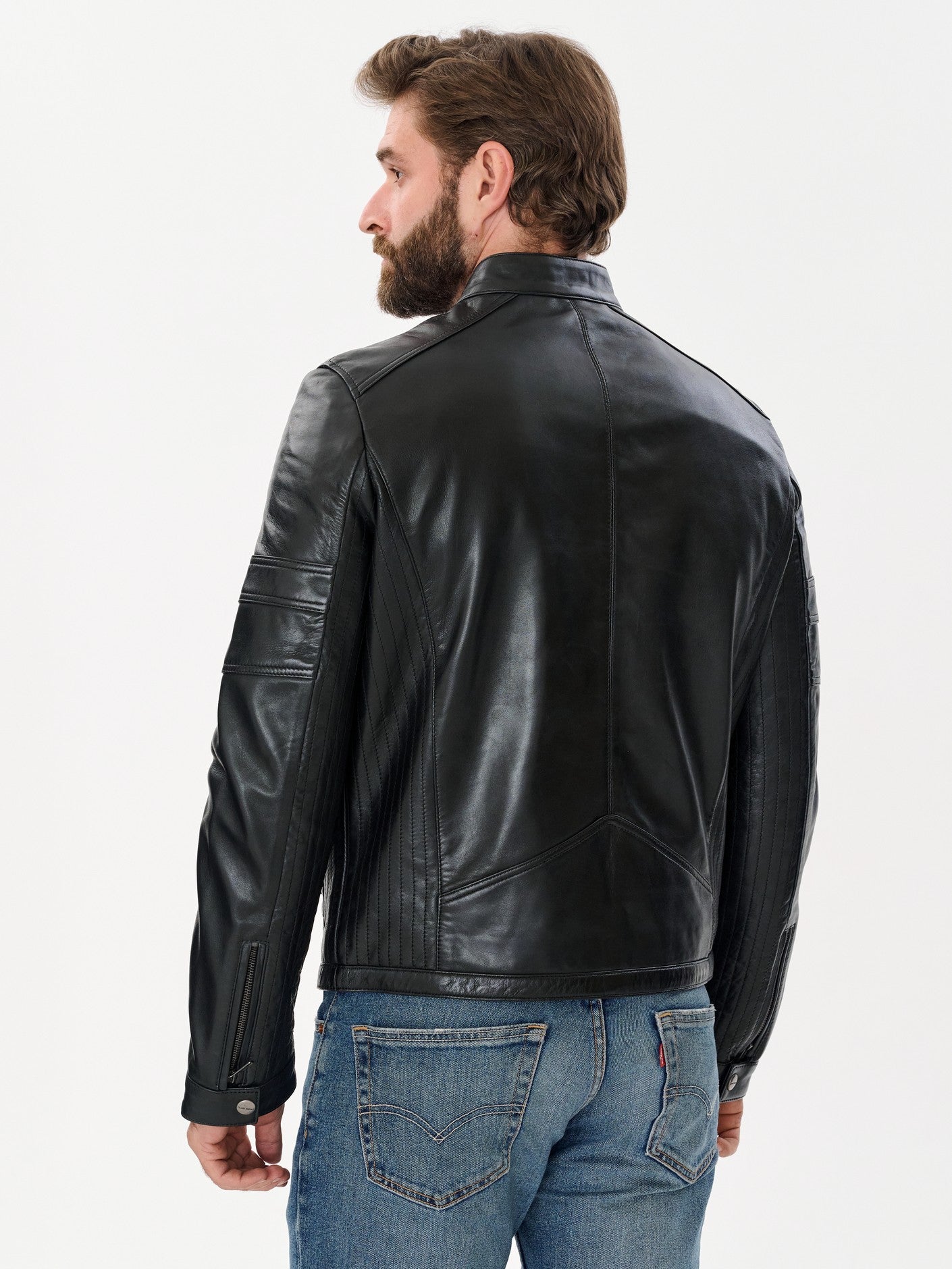 Men's cafe racer black leather jacket side view – DM Legend
