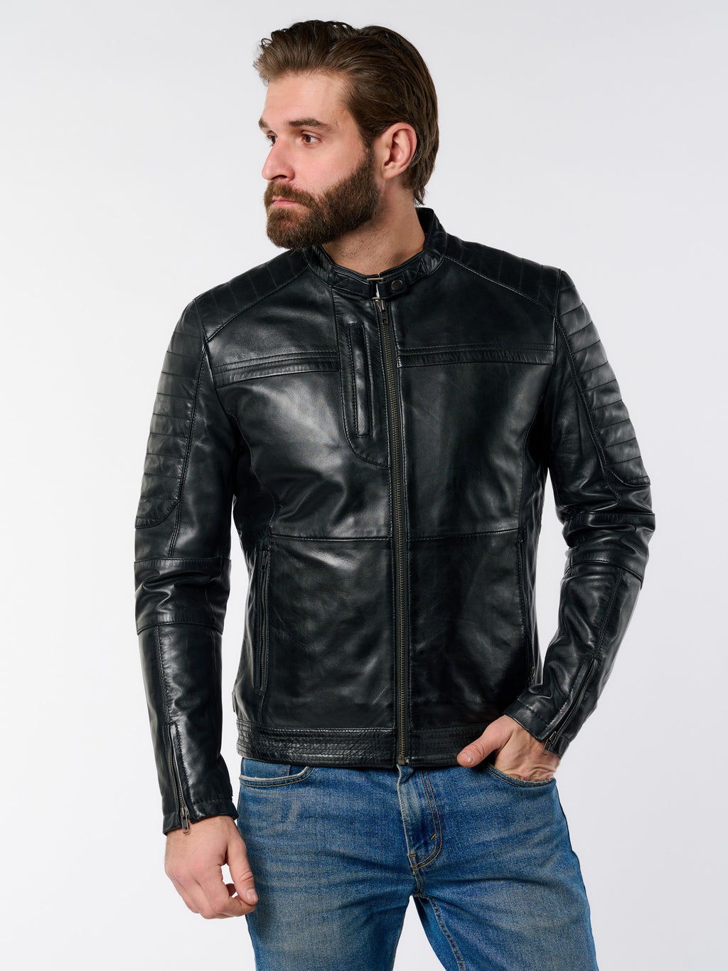 DM Legend black moto leather jacket lifestyle photo