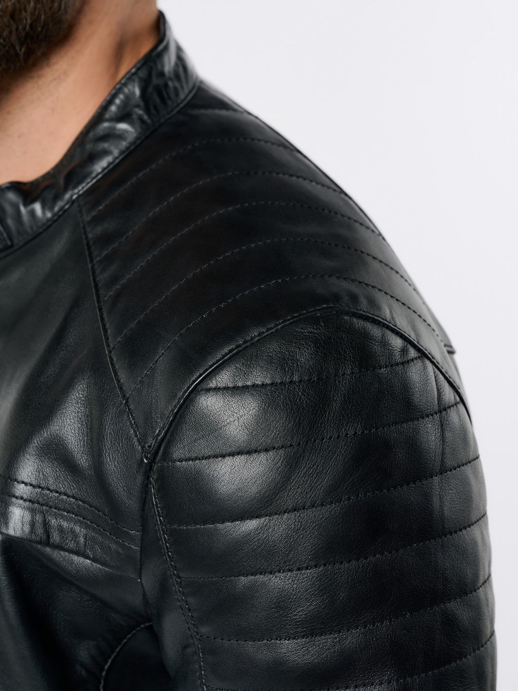 Black moto leather jacket stitching detail – DM Legend