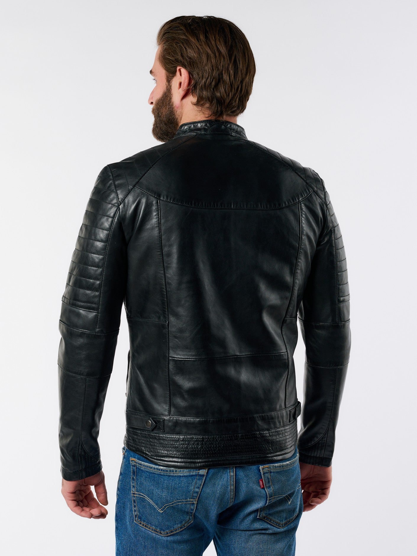 Men's moto black leather jacket back view – DM Legend