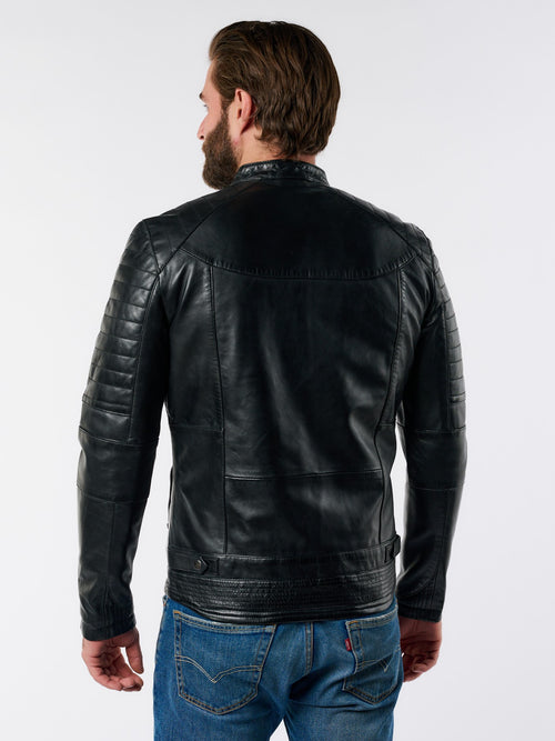 Men's moto black leather jacket back view – DM Legend