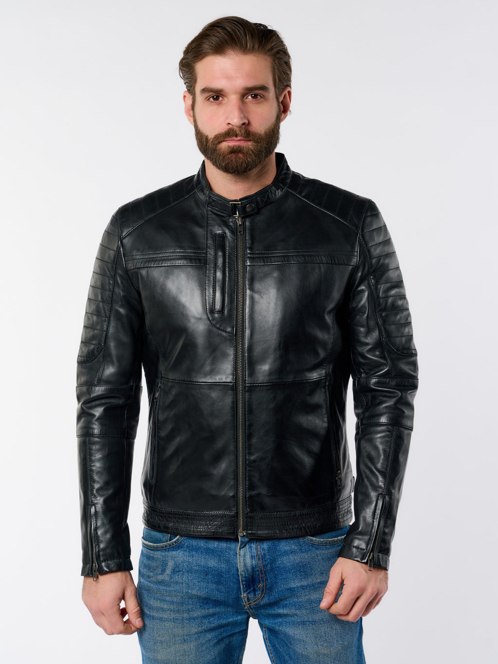 Men's moto black leather jacket front view – DM Legend