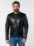 Men's moto black leather jacket front view – DM Legend