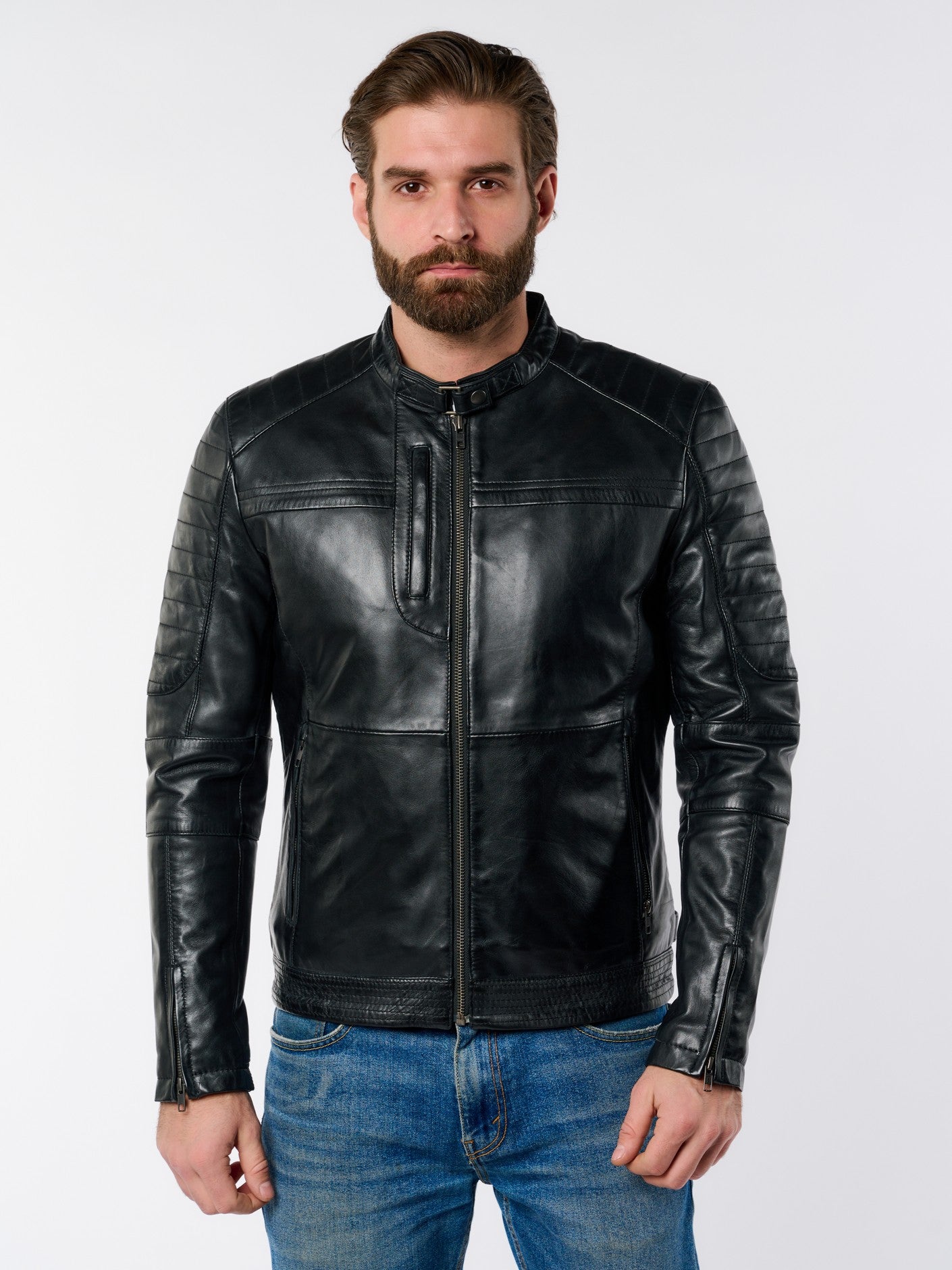Men's moto black leather jacket front view – DM Legend