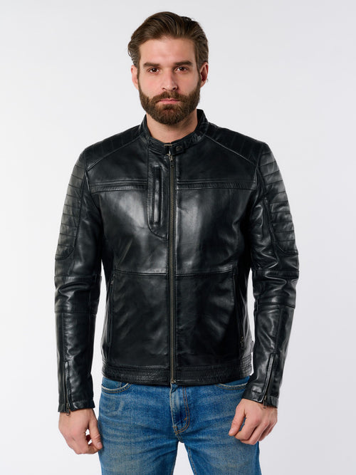Men's moto black leather jacket front view – DM Legend