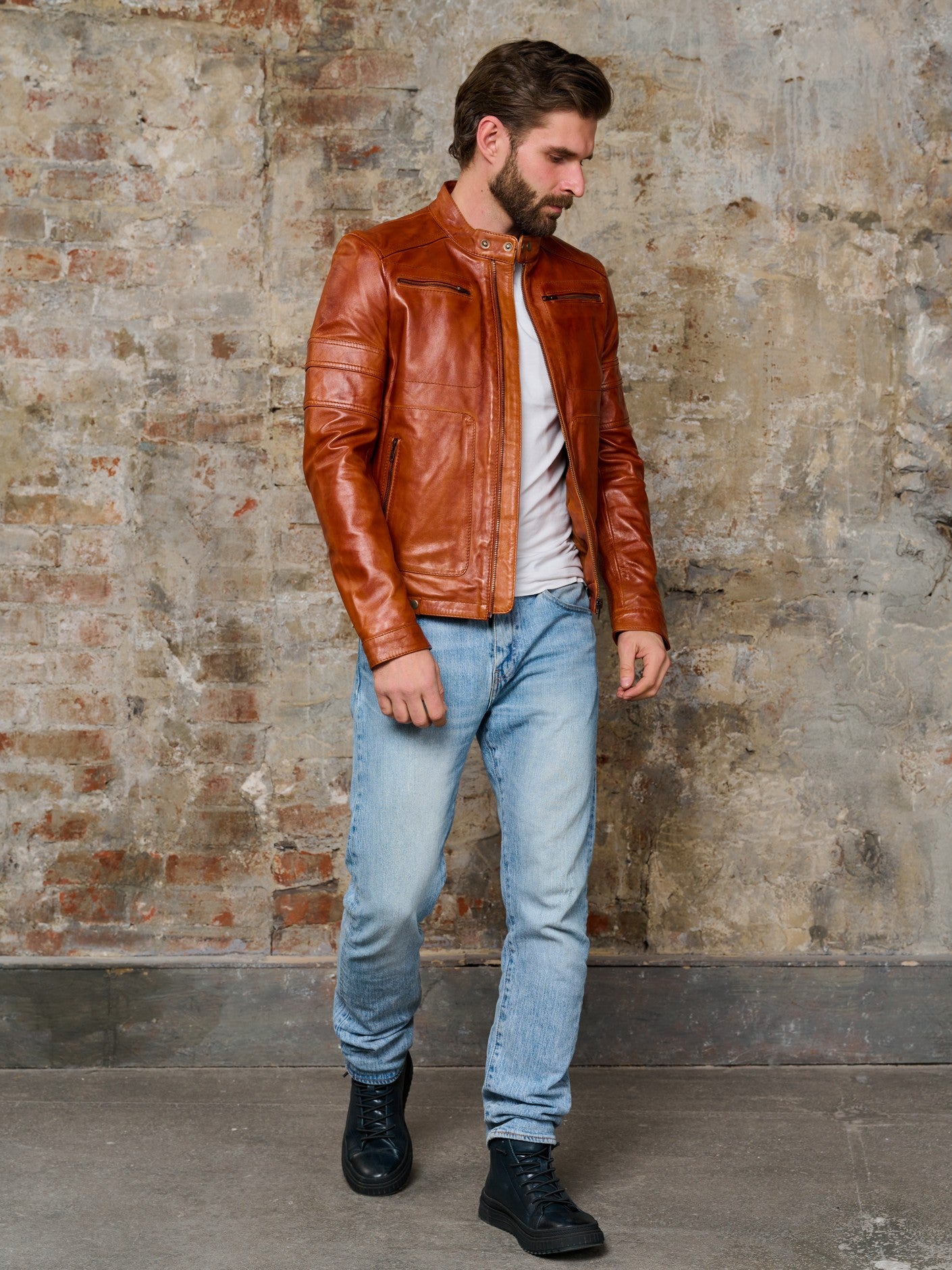 Men's cognac leather jacket lifestyle side view – DM Legend
