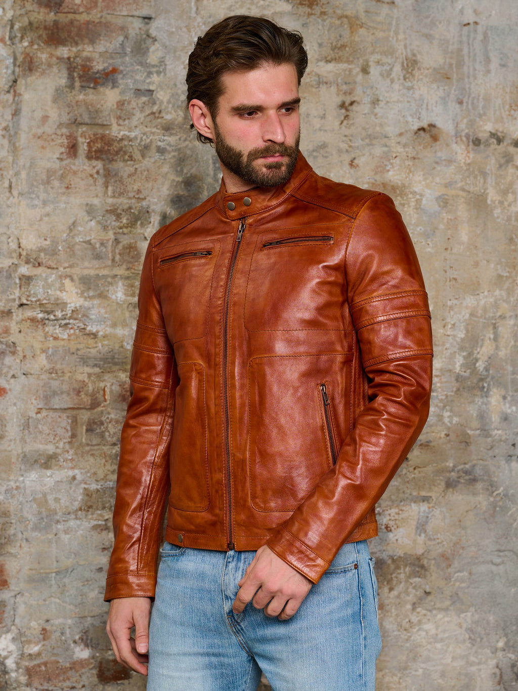 Men's cognac leather jacket lifestyle 3/4 view – DM Legend