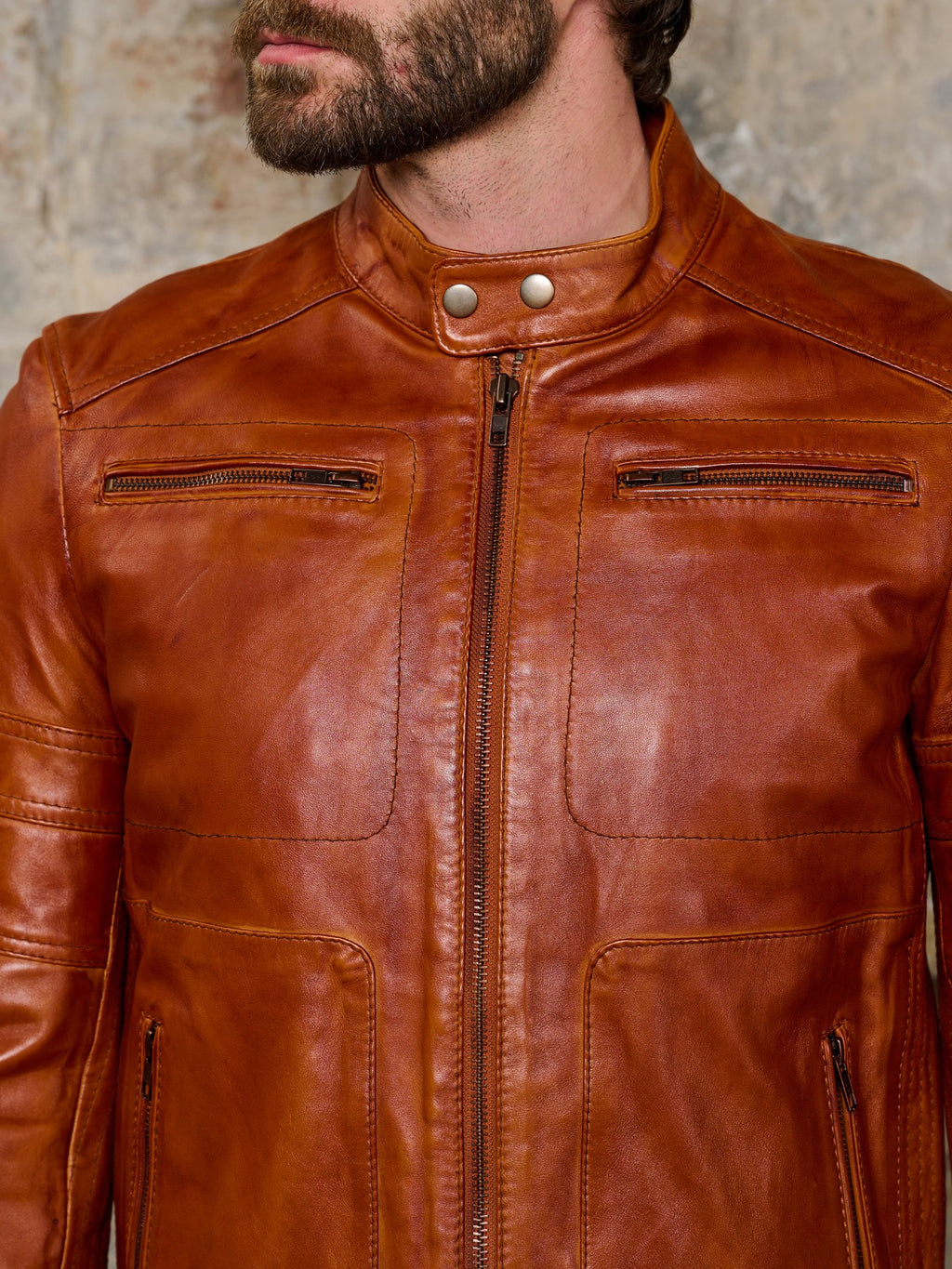 Cognac cafe racer jacket collar and chest zip detail – DM Legend