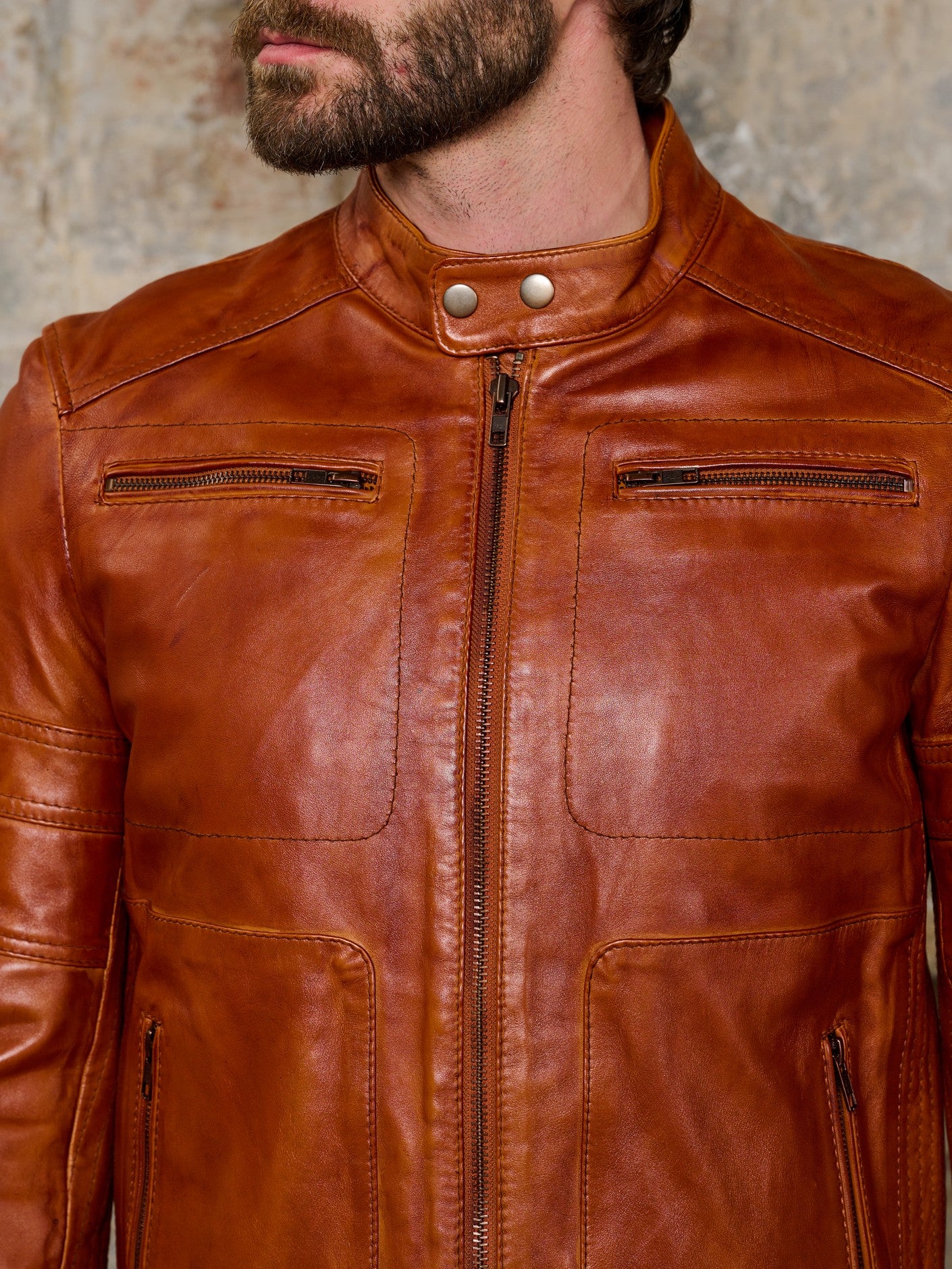 Cognac cafe racer jacket collar and chest zip detail – DM Legend