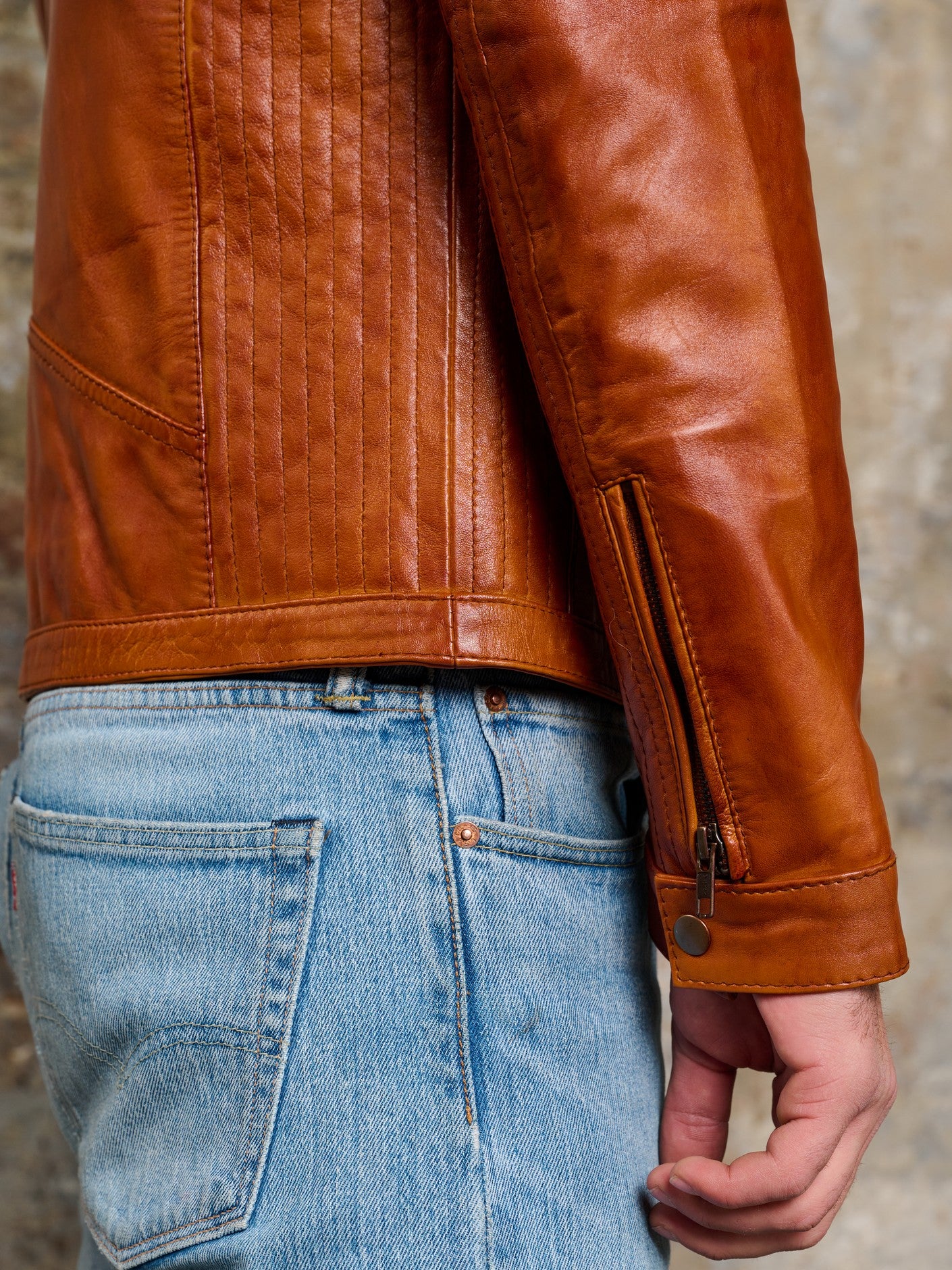 Cognac cafe racer jacket hem and zip detail – DM Legend
