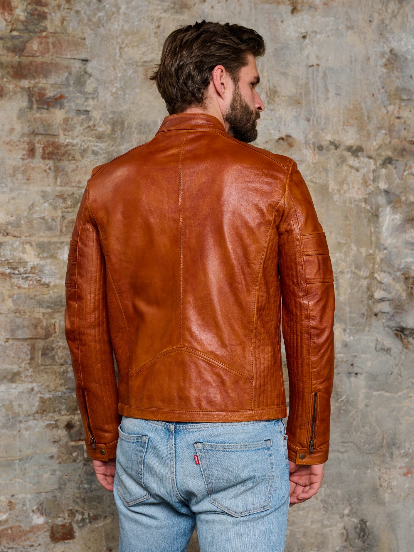 Men's cafe racer cognac leather jacket back view – DM Legend