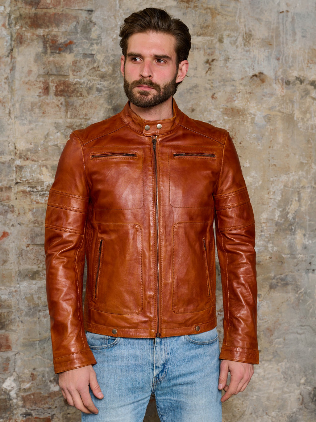 Men's cafe racer cognac leather jacket front view – DM Legend
