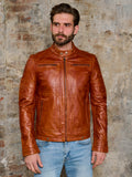 Men's cafe racer cognac leather jacket front view – DM Legend
