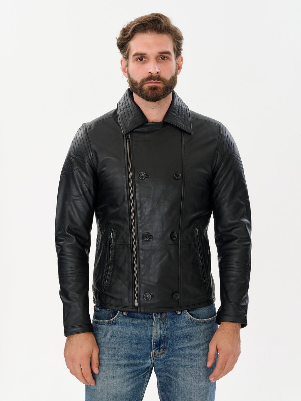 Men's double breasted black biker jacket front view – DM Legend