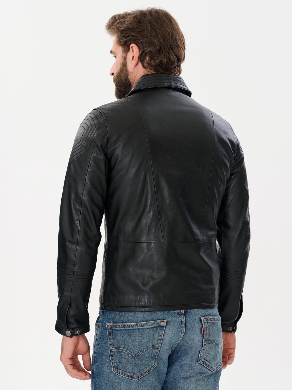 Men's double breasted black biker jacket back view – DM Legend