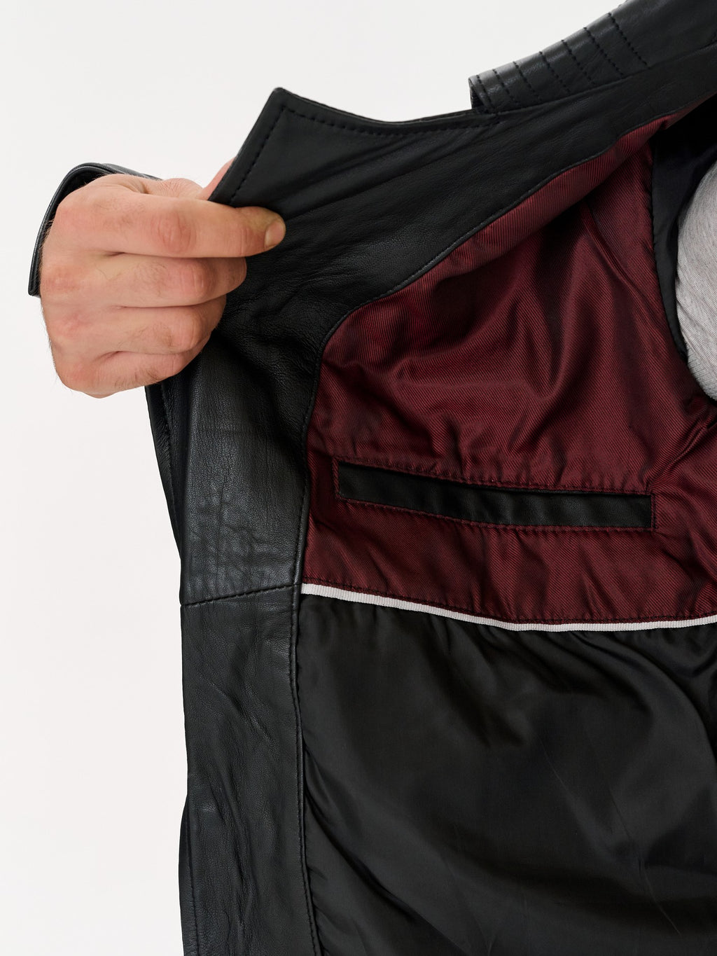 Black biker jacket burgundy lining detail – DM Legend
