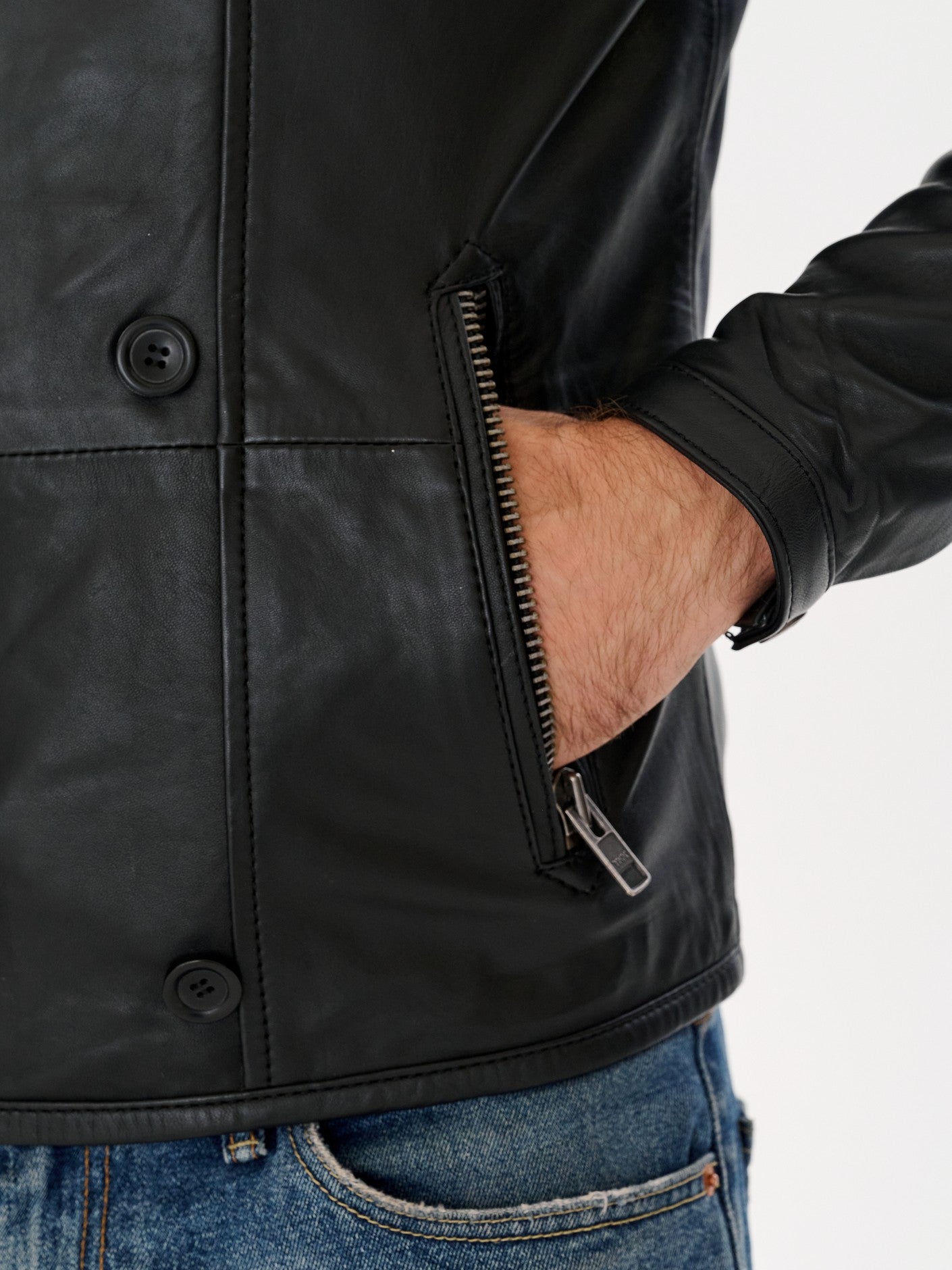 Black biker jacket side pocket detail – DM Legend