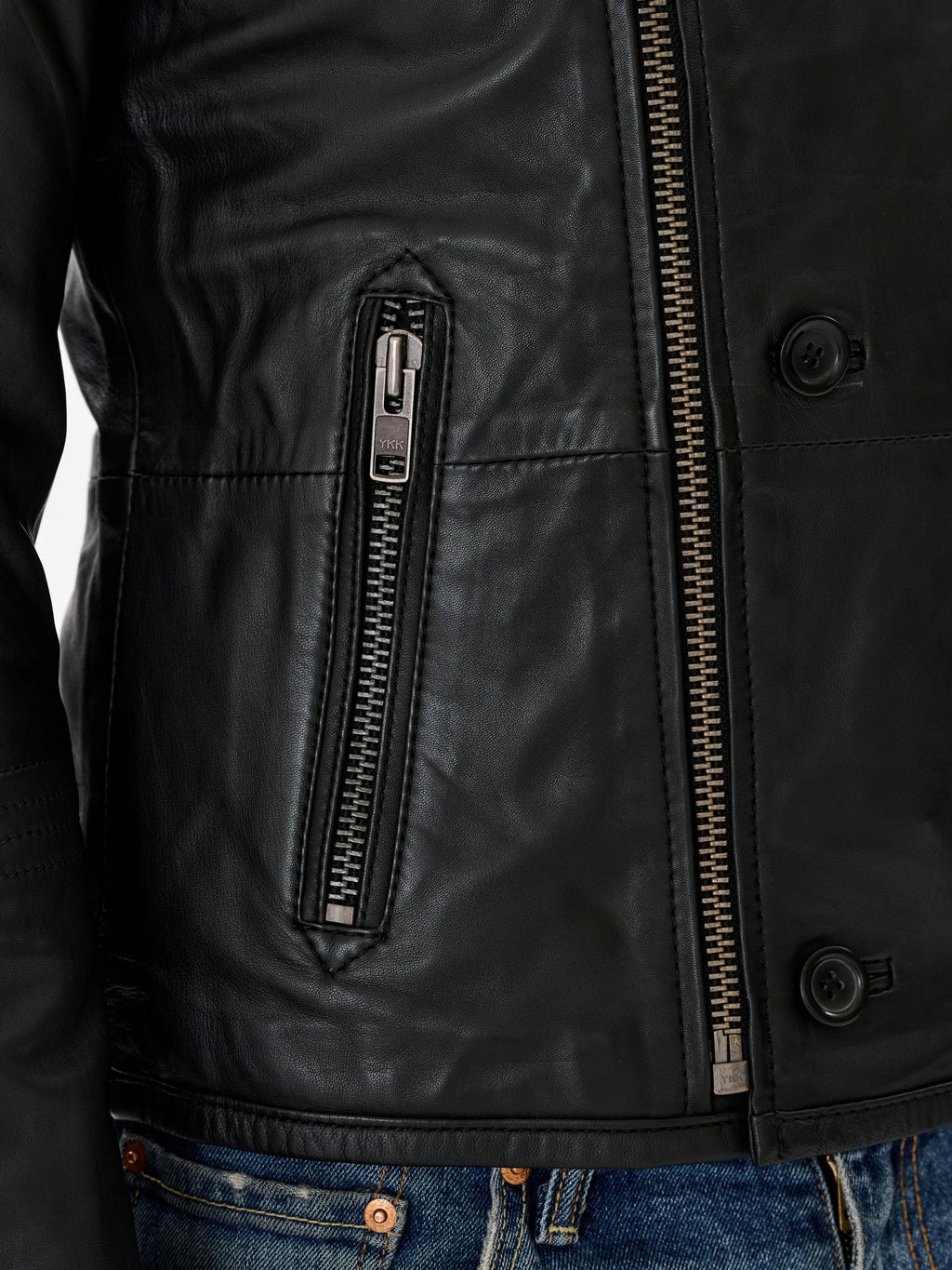 Black biker jacket zip pocket detail – DM Legend