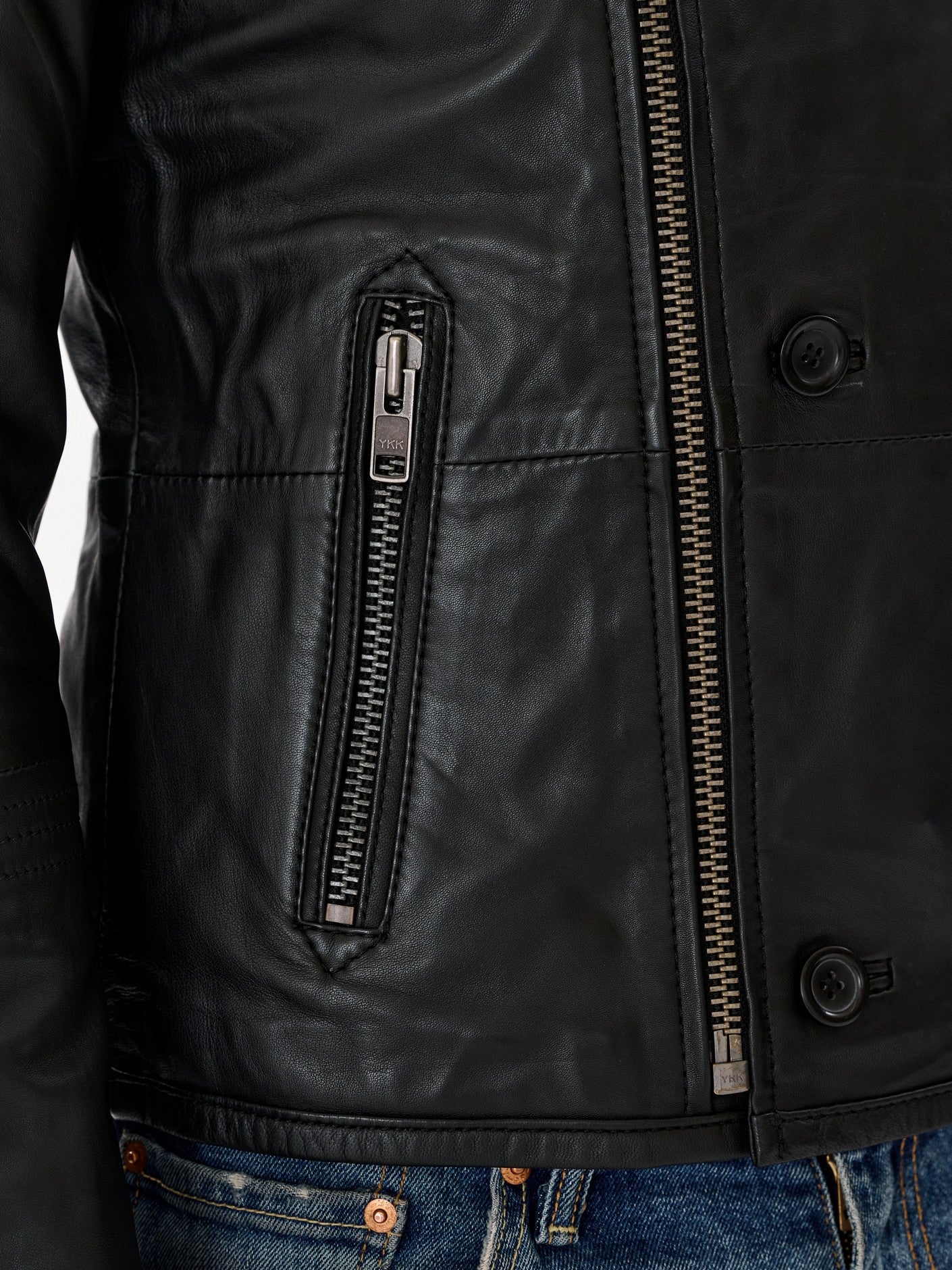 Black biker jacket zip pocket detail – DM Legend