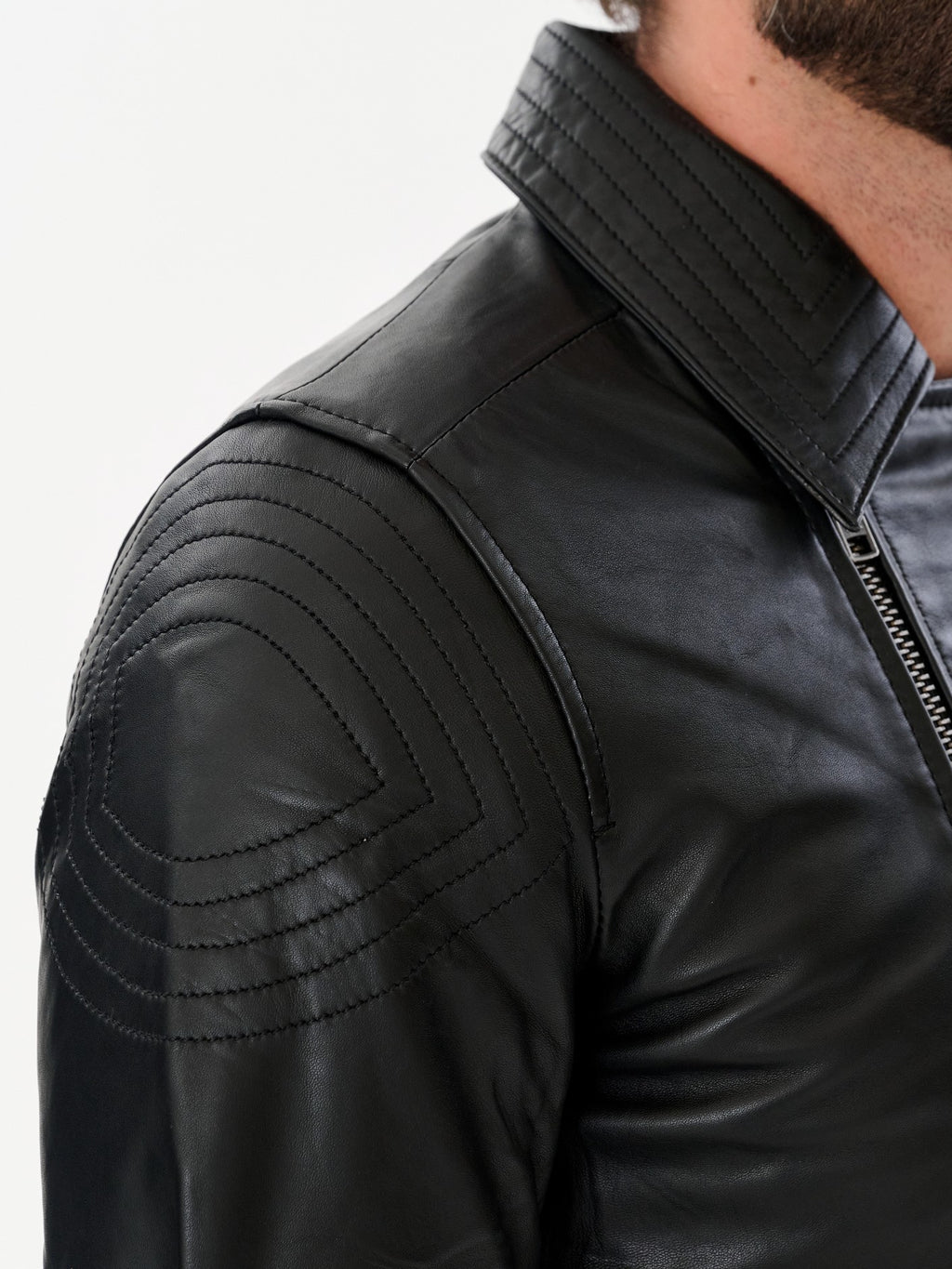 Black biker jacket shoulder and sleeve detail – DM Legend