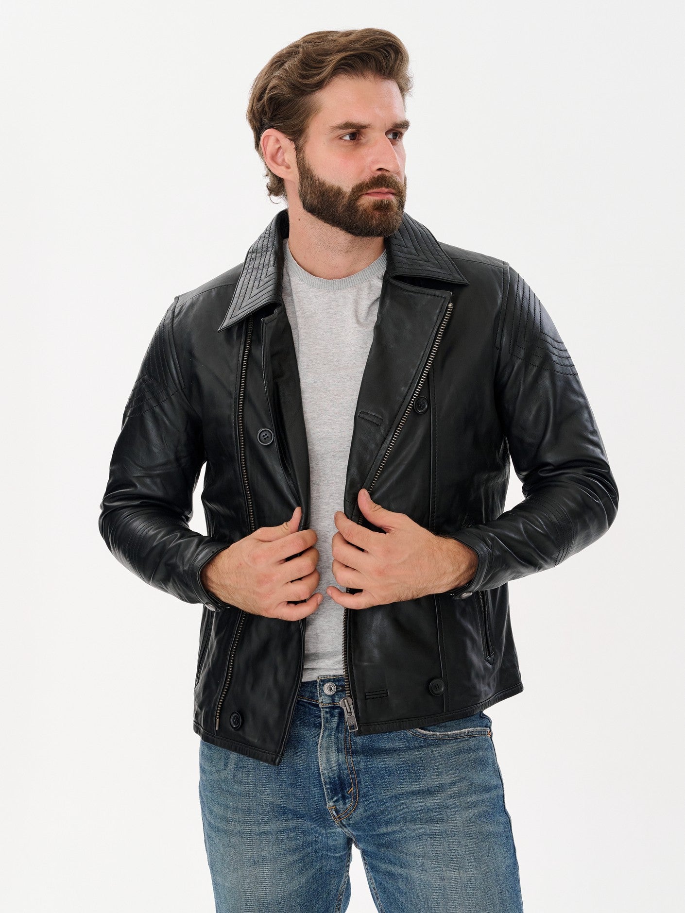 Men's double breasted black biker jacket open front view – DM Legend