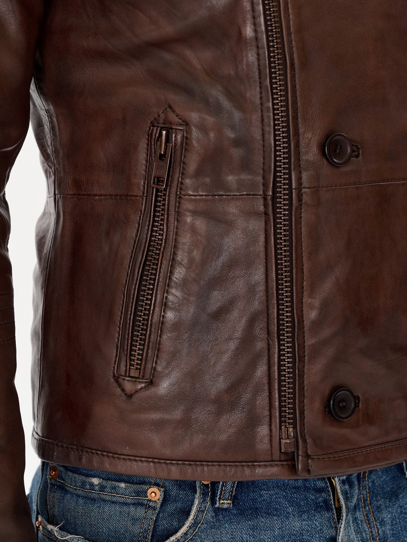 Brown biker jacket zip pocket detail – DM Legend