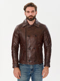 Men's double breasted brown biker jacket front angle – DM Legend