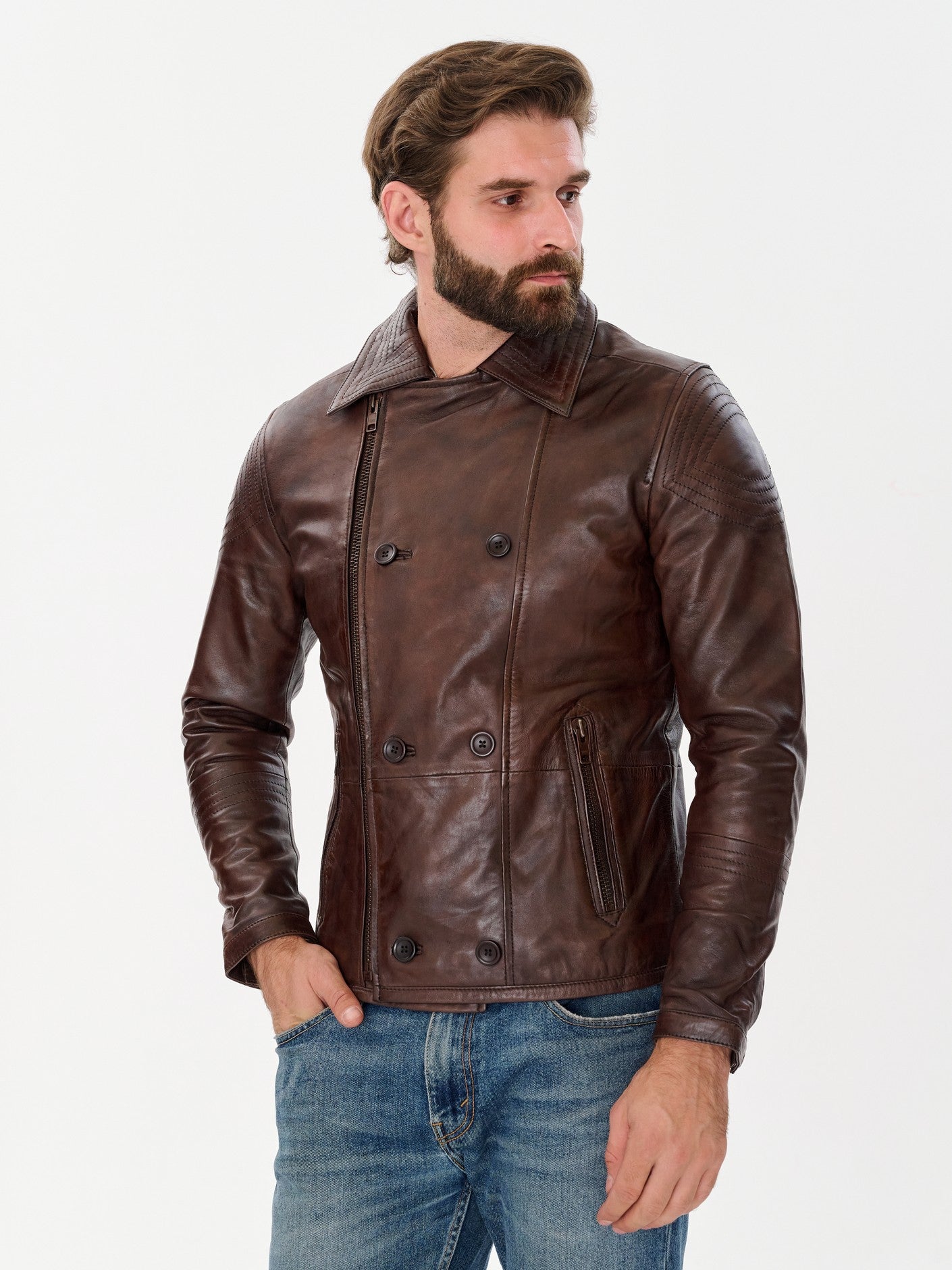 Men's double breasted brown biker jacket side view – DM Legend