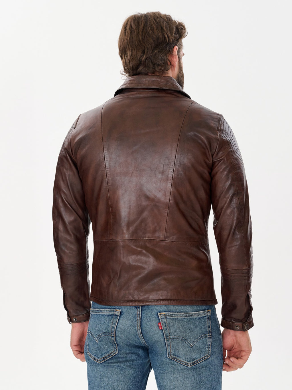 Men's double breasted brown biker jacket back view – DM Legend