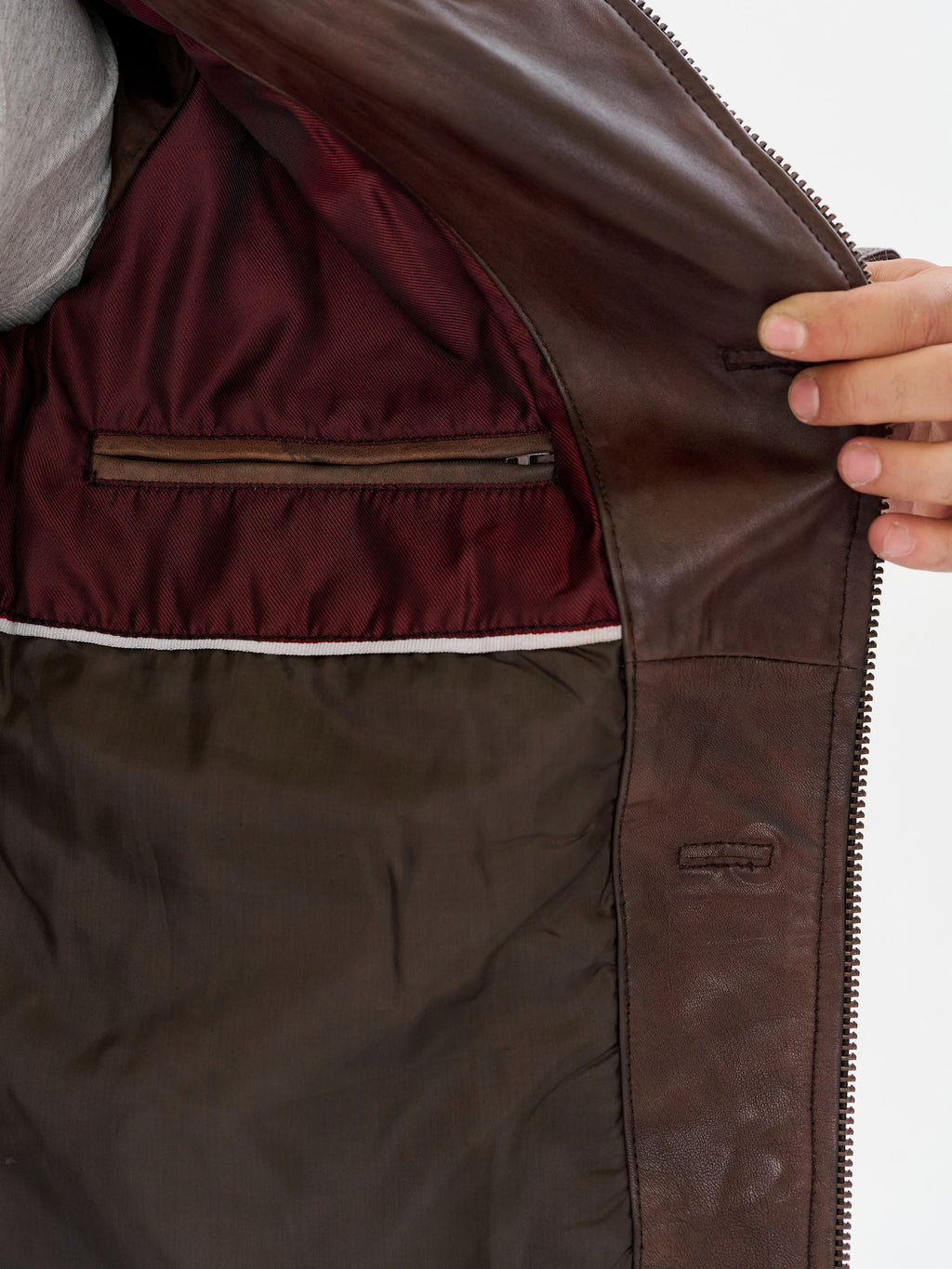 Brown biker jacket burgundy lining detail – DM Legend