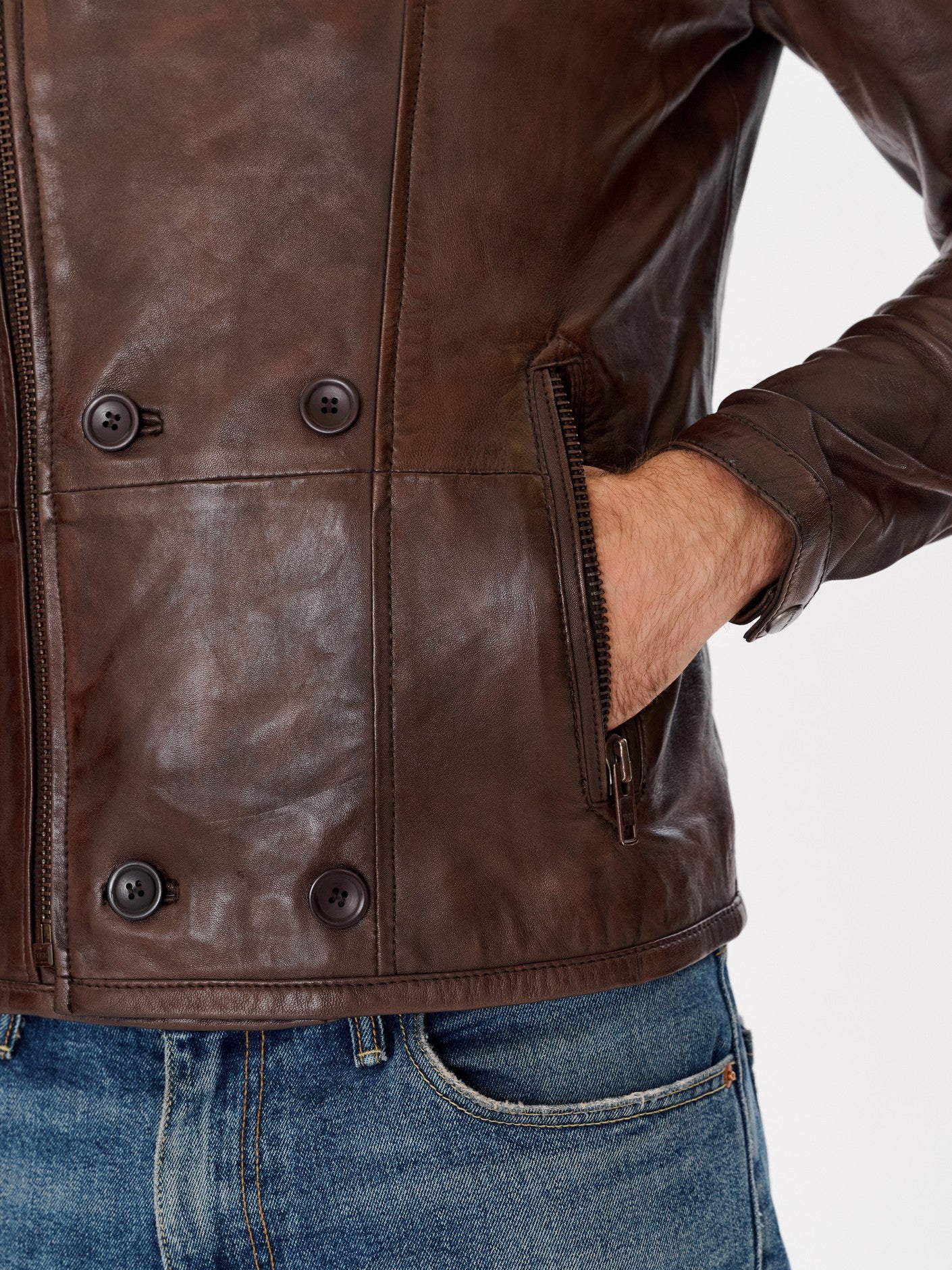 Brown biker jacket side pocket detail – DM Legend