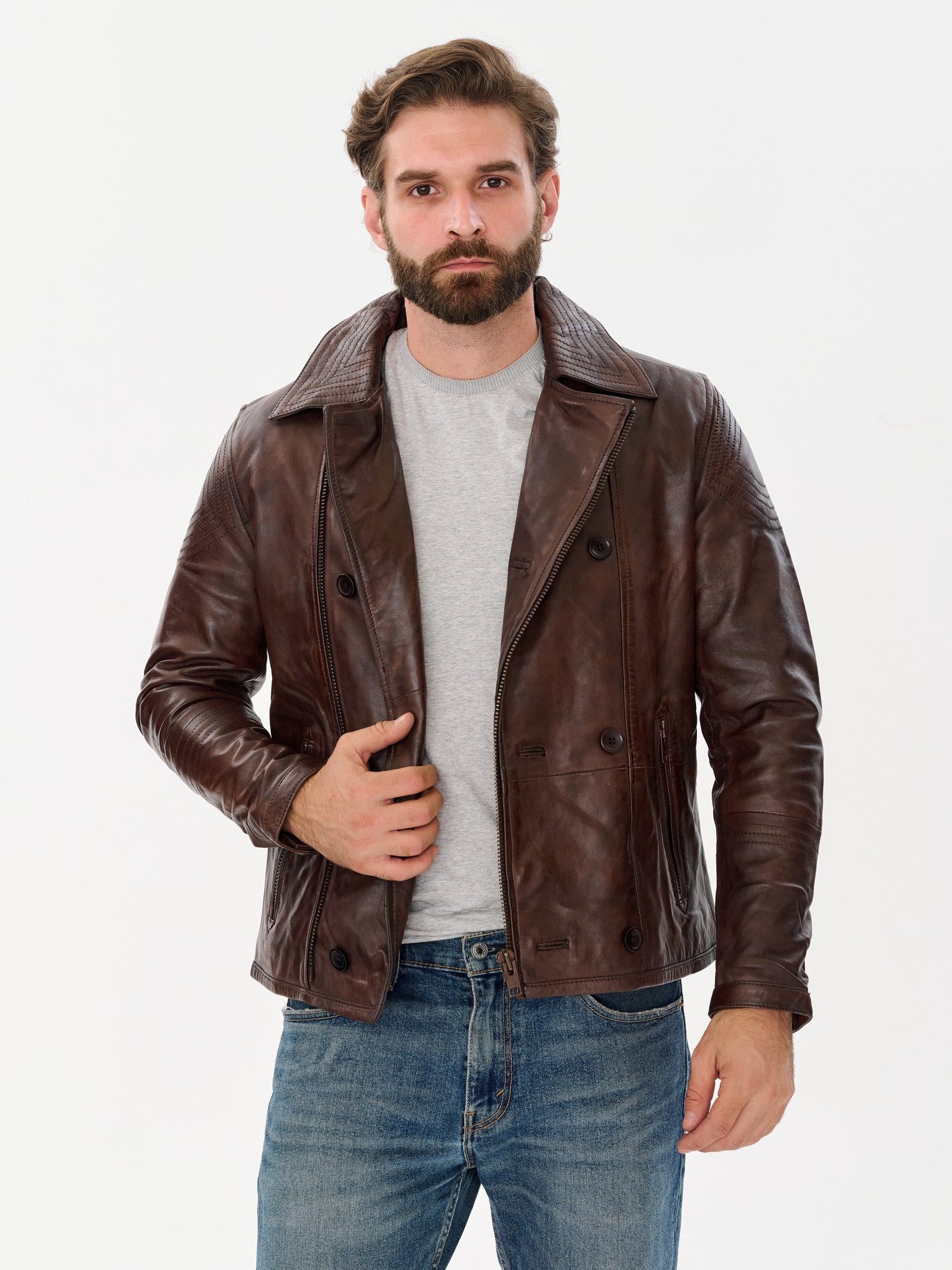 Men's double breasted brown biker jacket front view – DM Legend
