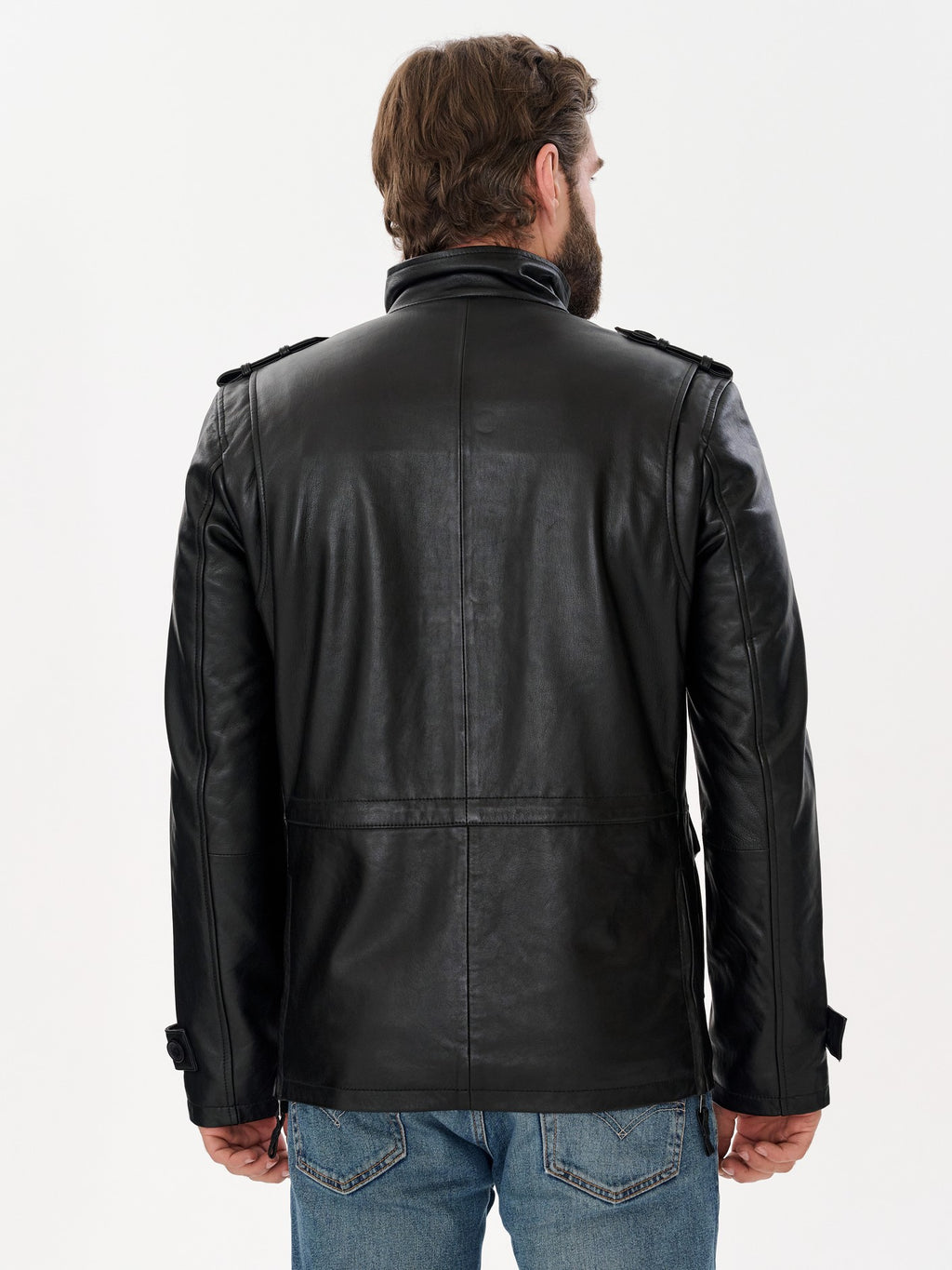 Men's long military black leather jacket back view – DM Legend