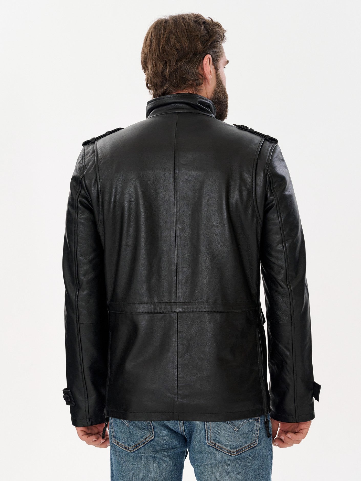 Men's long military black leather jacket back view – DM Legend