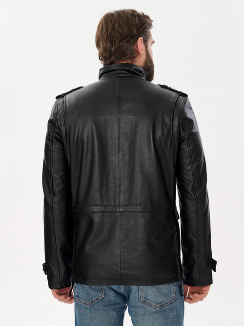 Men's long military black leather jacket back view – DM Legend