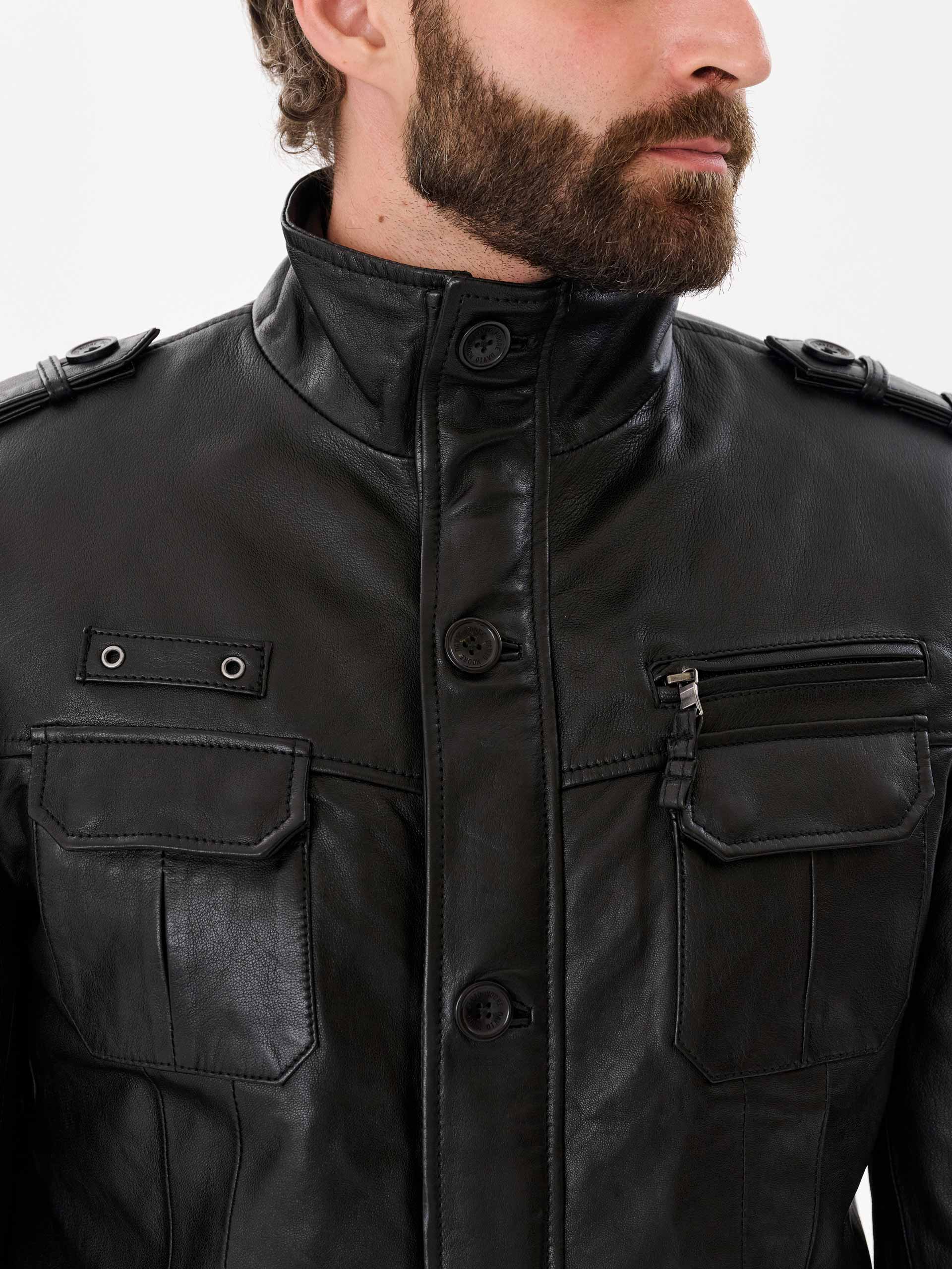 Black military jacket front collar detail – DM Legend