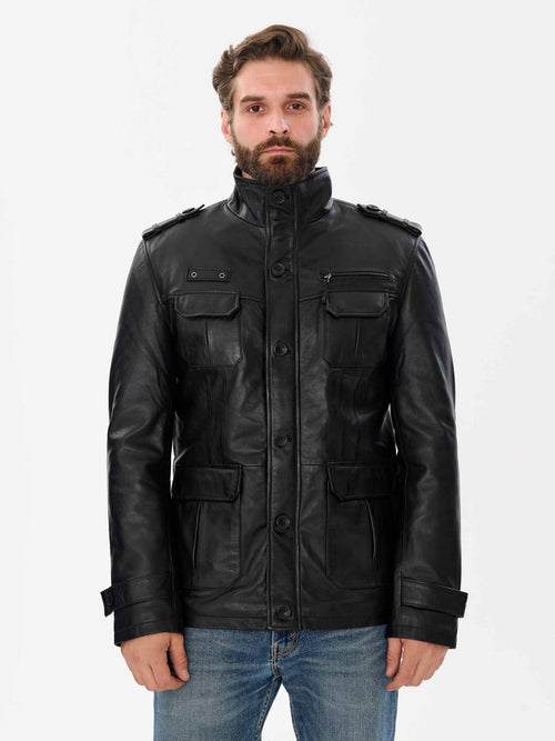 Men's long military black leather jacket front view – DM Legend