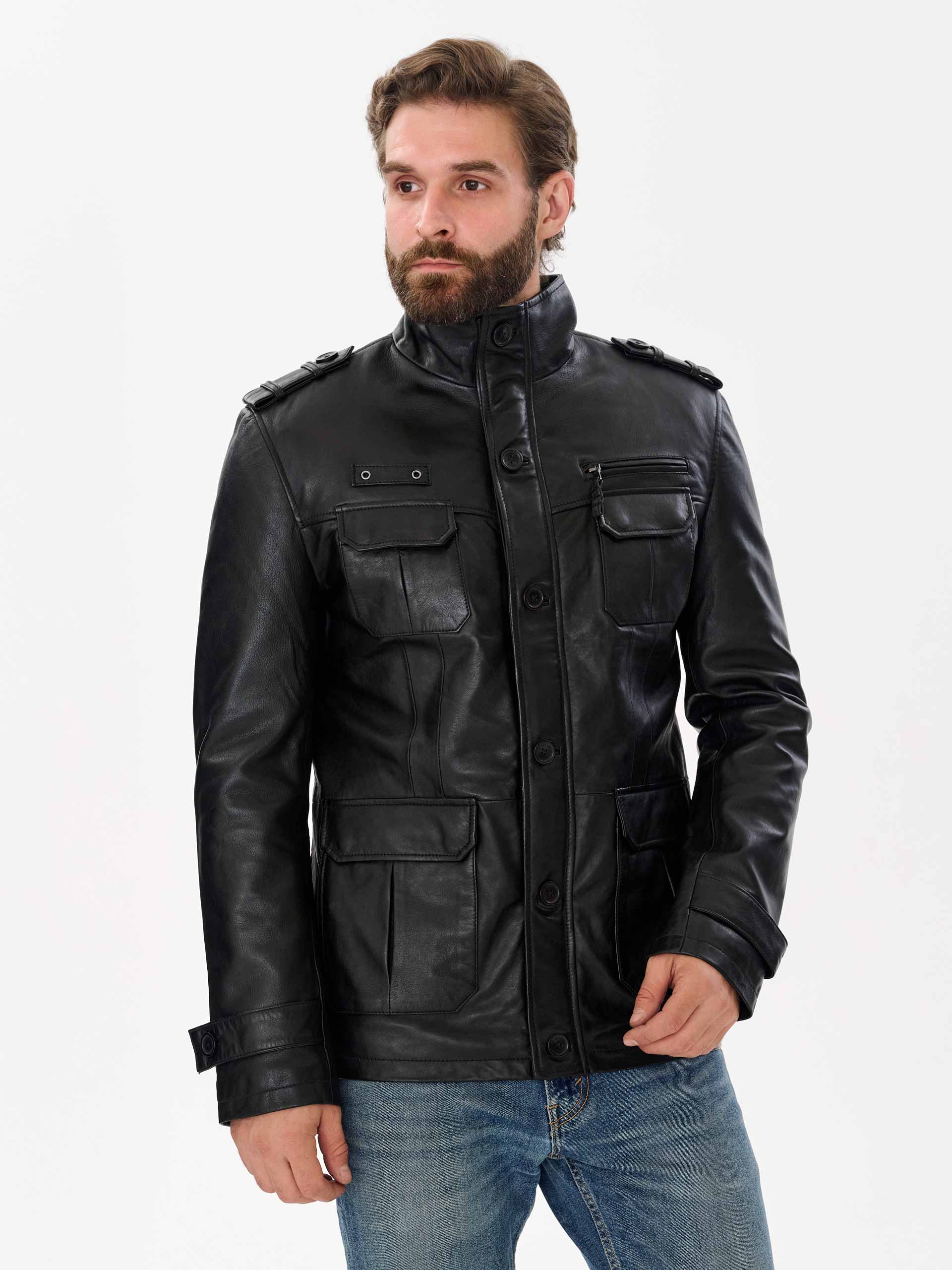 Man wearing DM Legend black military leather jacket